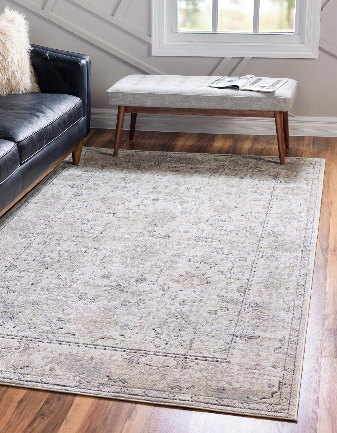 Ivory and Gray Geometric Low-Pile Indoor Area Rug