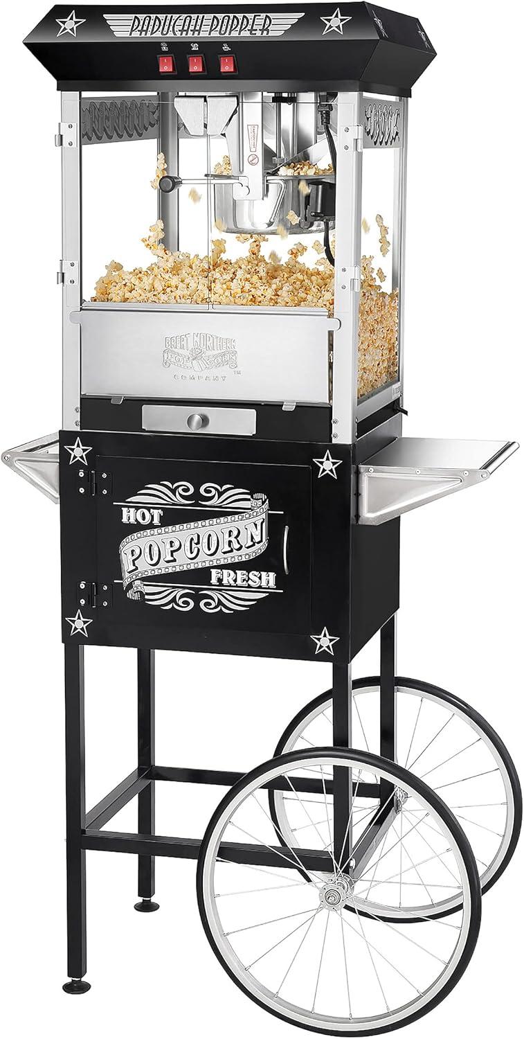 Great Northern Popcorn 8 oz. Kettle Antique-Style Popcorn Popper Machine With Cart - Black