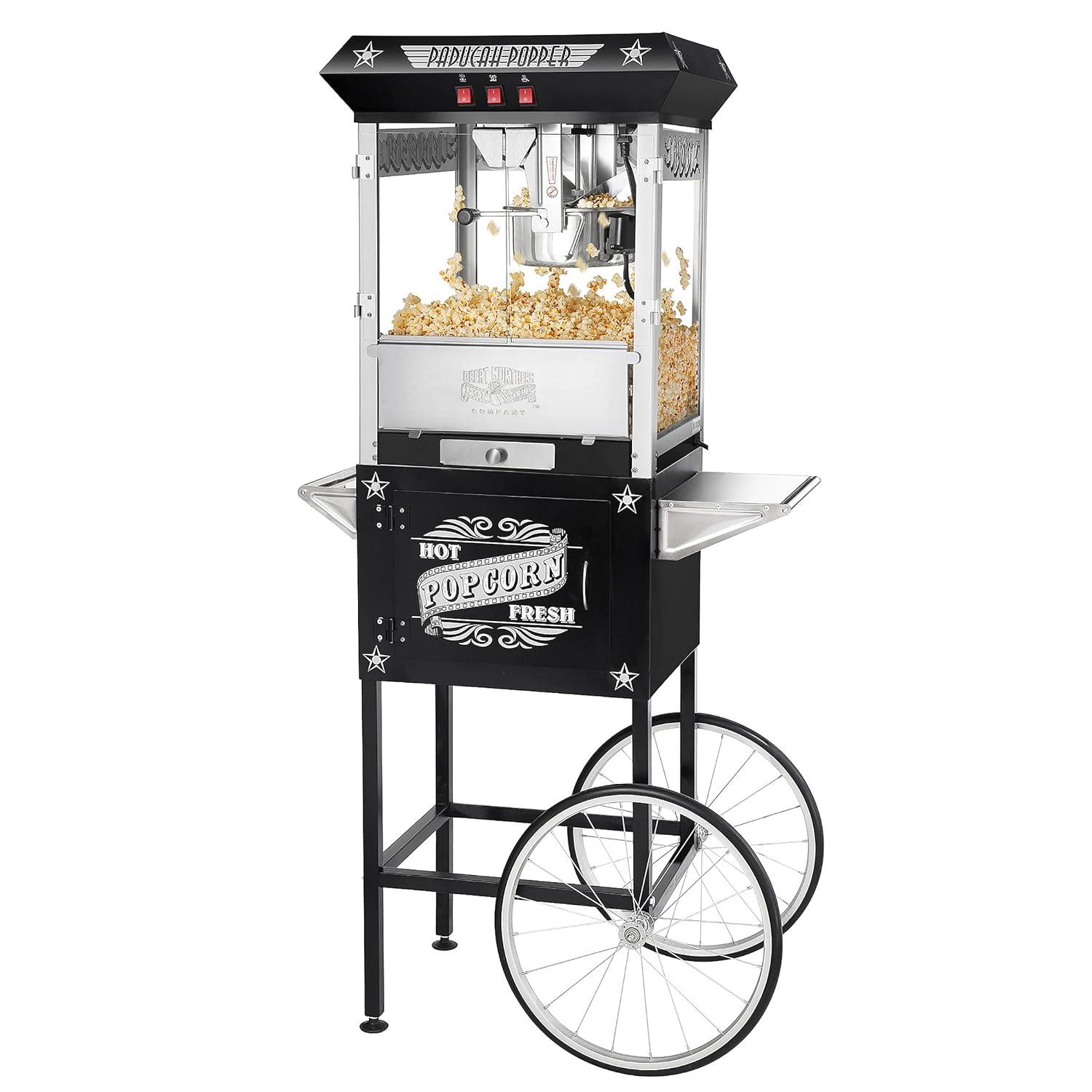 Great Northern Popcorn 8 oz. Kettle Antique-Style Popcorn Popper Machine With Cart - Black