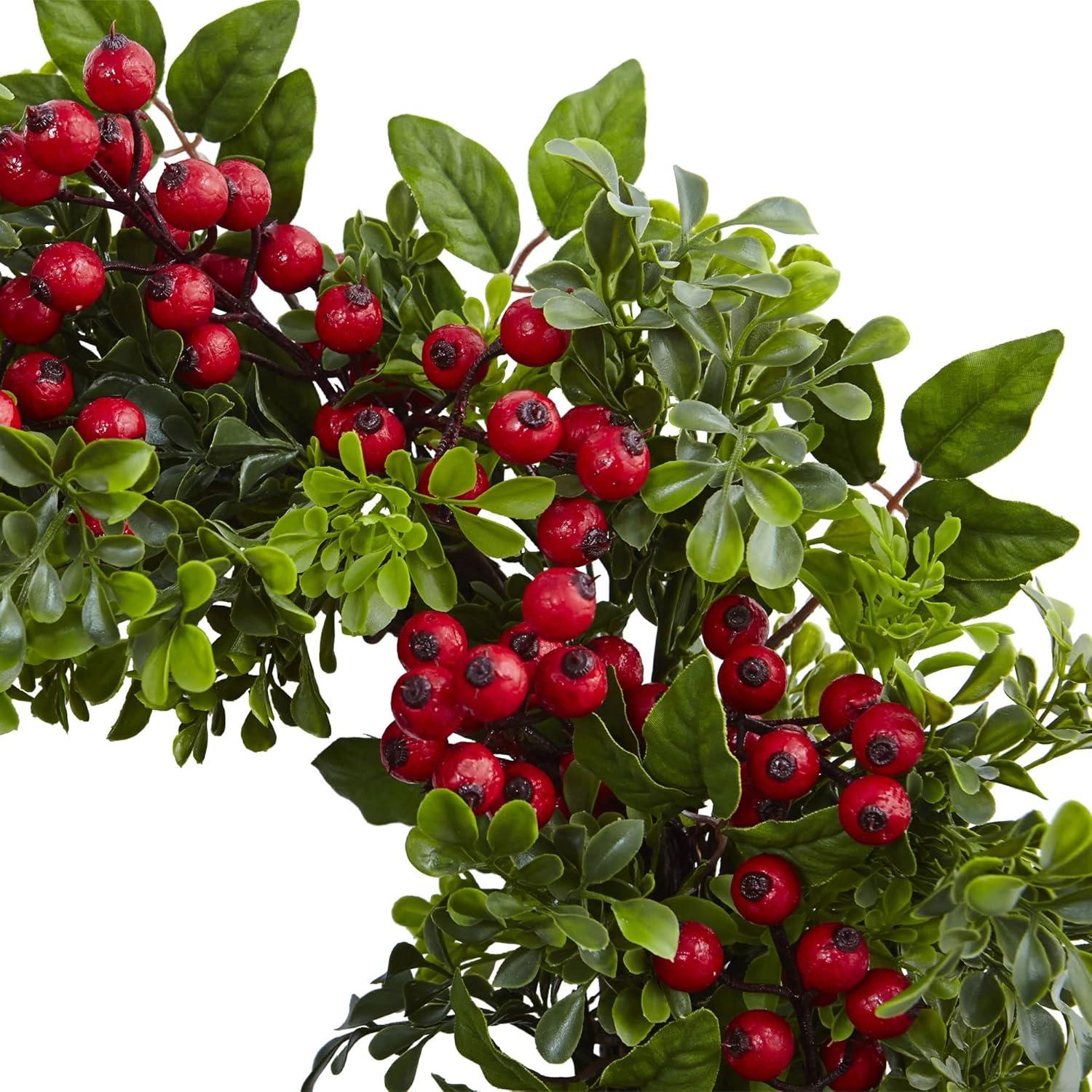 Nearly Natural Berry Boxwood Wreath 24": Faux Polyester & Plastic, Indoor Wall Decor, Unlit Winter Theme