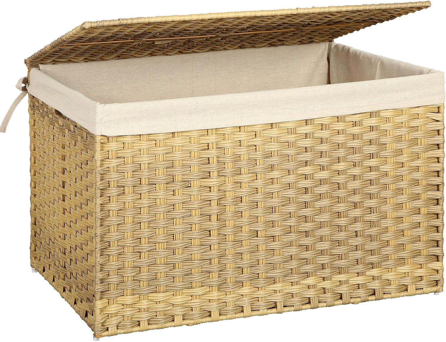 SONGMICS Storage Basket with Lid, 42.3 Gallon (160L) Storage Bin, Woven Blanket Storage Basket with Handles, Foldable, Removable Liner, Natural
