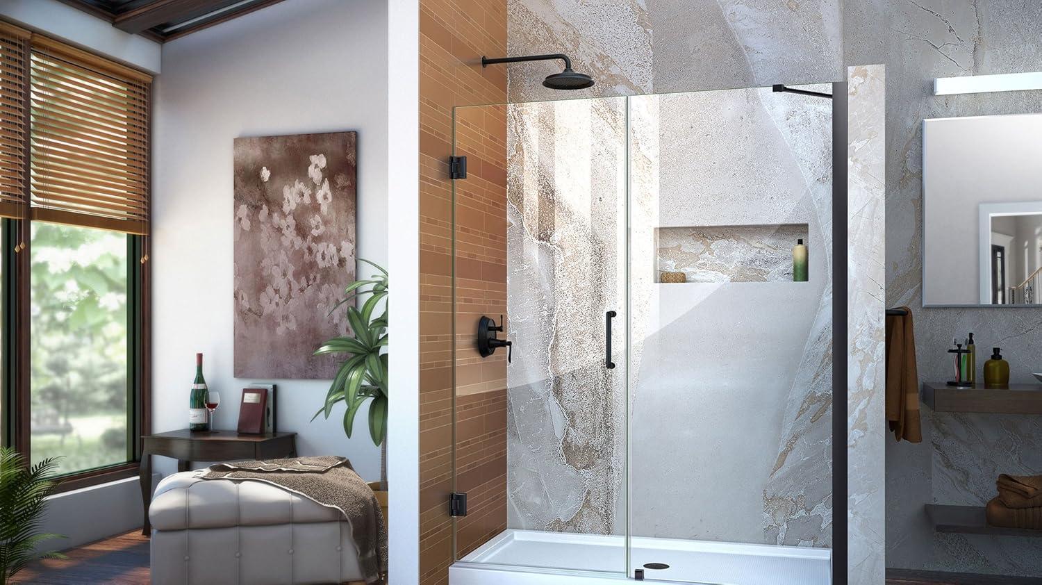 Unidoor 57" W x 72" H Hinged Frameless Shower Door and Fixed Panel with ClearMax Glass Treatment