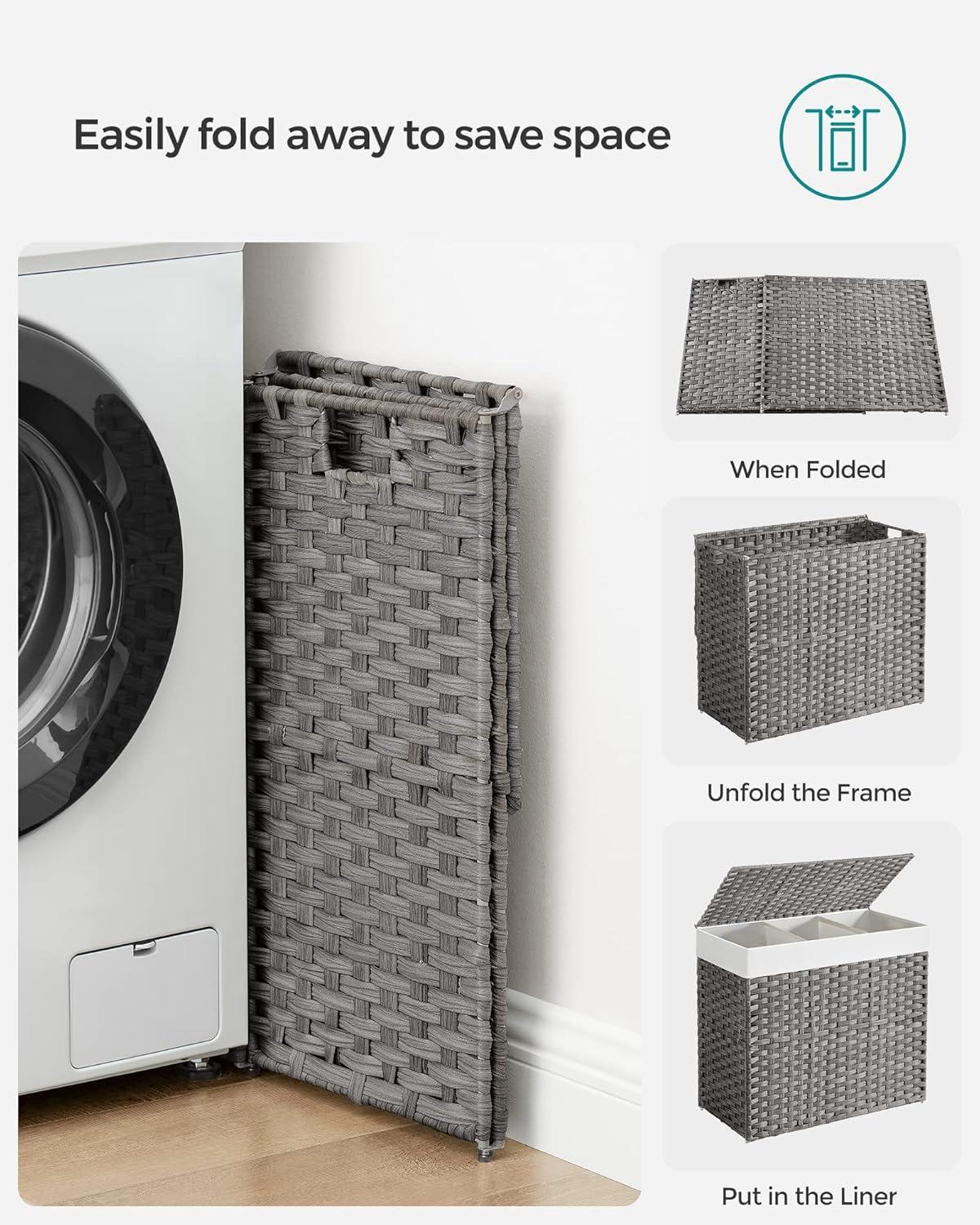 Gray Collapsible Rattan Laundry Hamper with Wheels and Lid