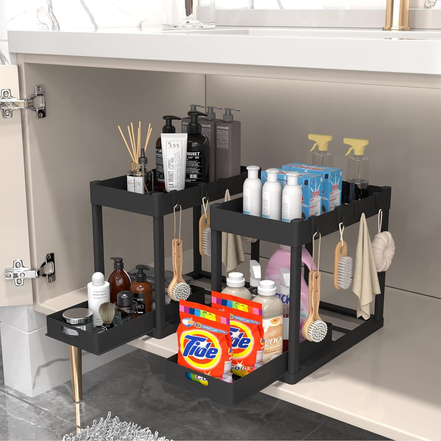 Black 2-Tier Under Sink Organizer Rack with Sliding Drawers and Hooks