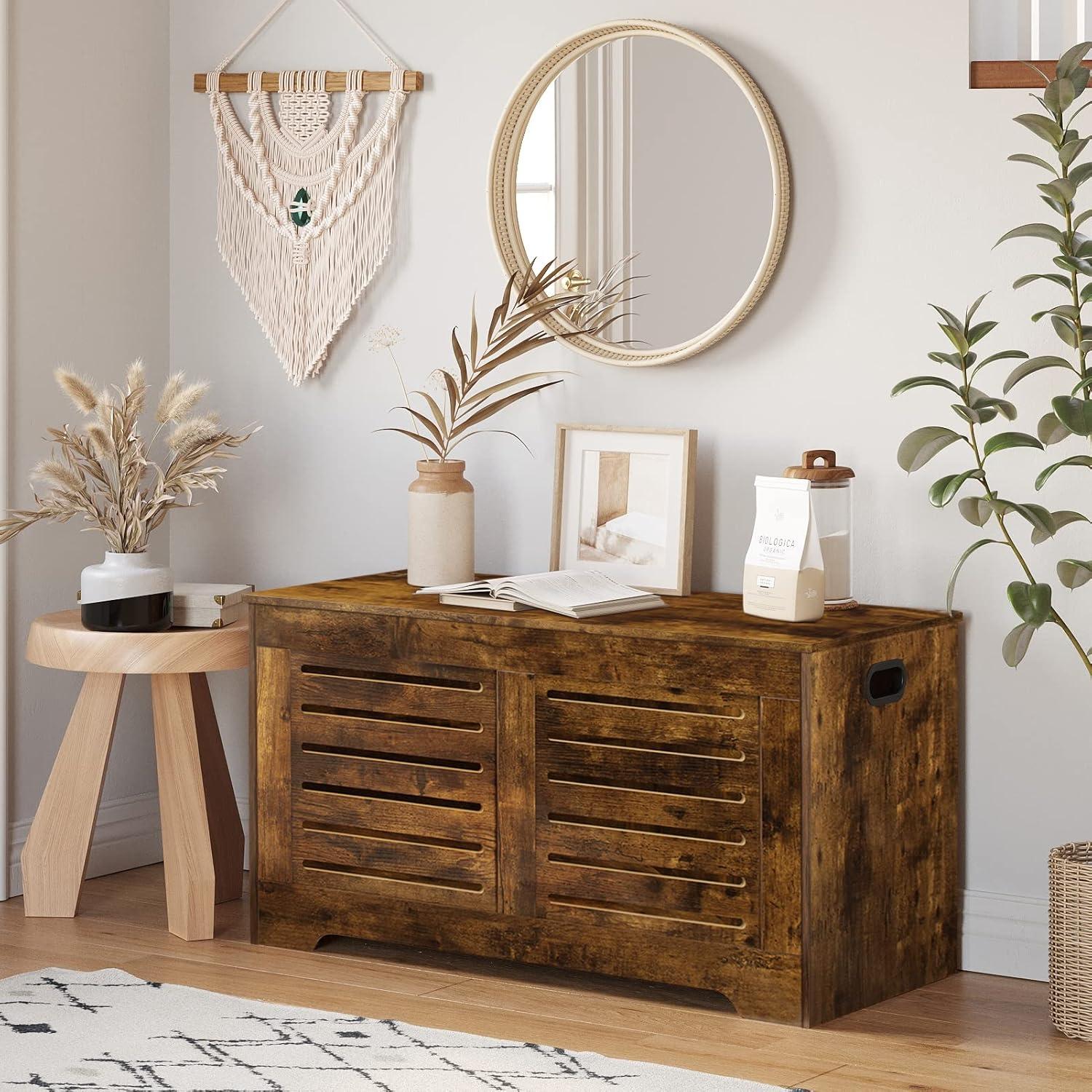 Rustic Brown Wooden Flip-Top Storage Chest with Safety Hinges