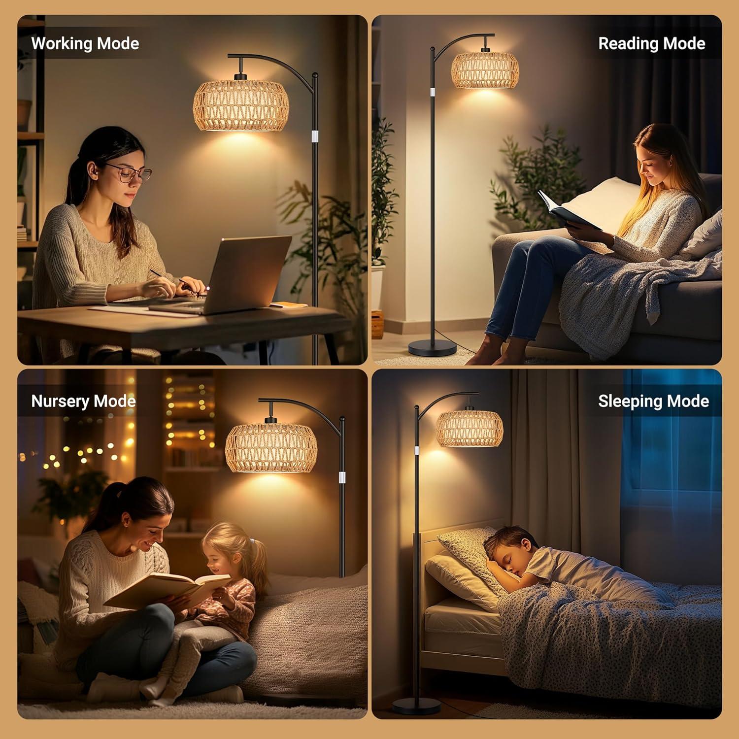 ROTTOGOON Boho Floor Lamp with Dimmable Bulb, Rattan &Linen Double Shades, Boho Standing Tall Lamps with Foot Switch, Bohemian Floor Lamps for Living Room, Bedroom, Office