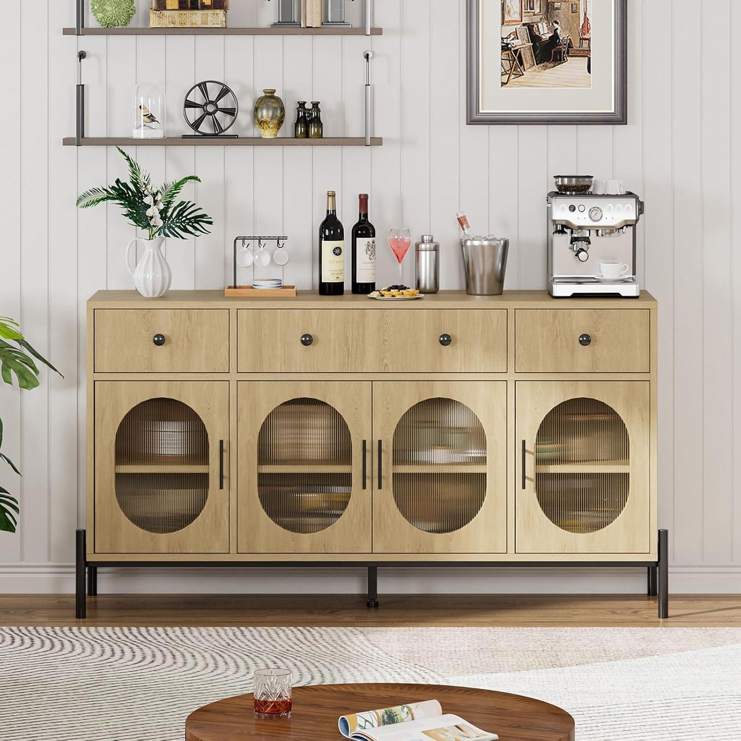 Kselythan Buffet Cabinet with Storage,62'' Large Sideboard Buffet Cabinet with 3 Drawers and 4 Fluted Glass Doors,Wooden Buffet Cabinet Coffee Bar Storage Cabinet Buffet Table for Dinning Room