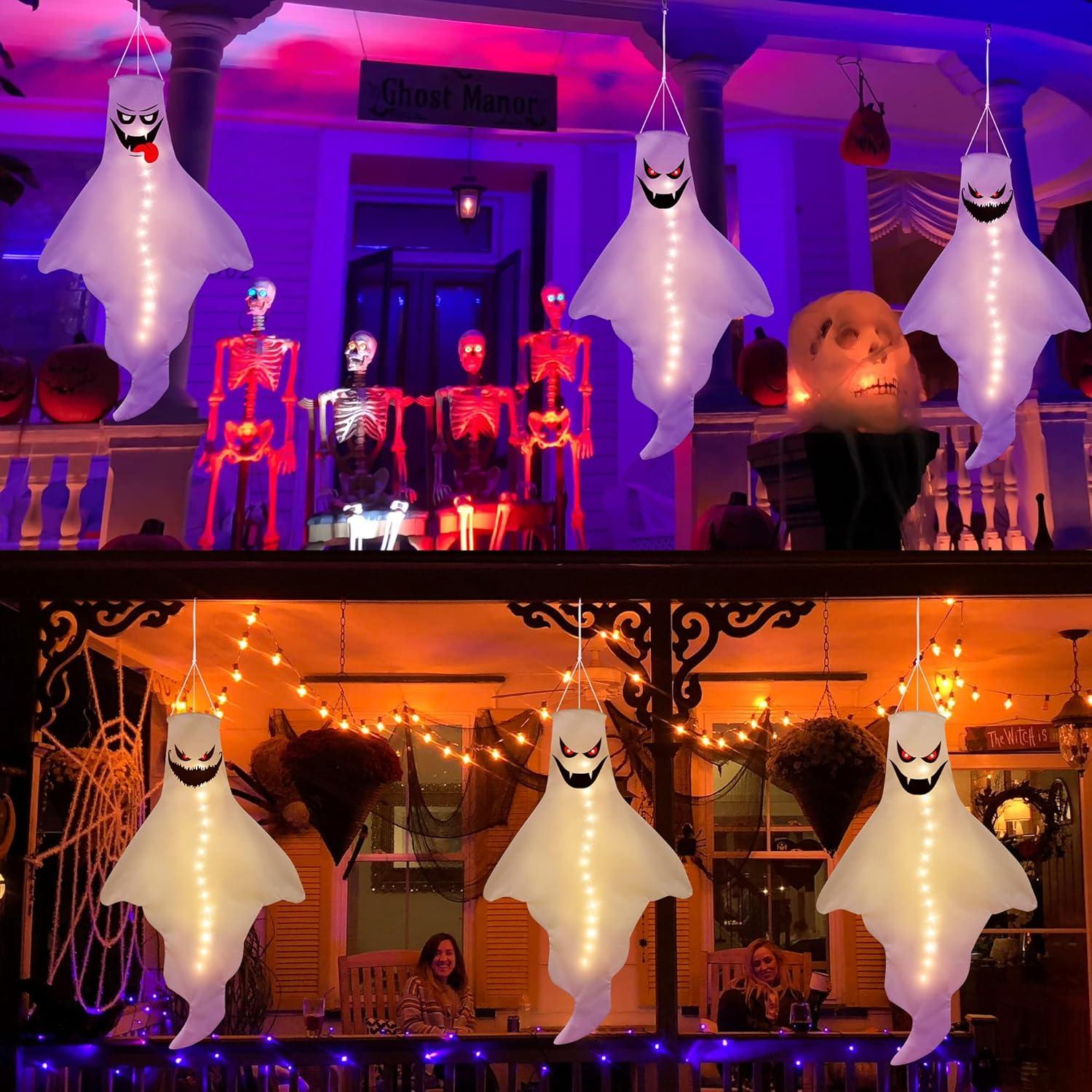 Set of 3 LED Hanging Ghost Windsocks for Halloween