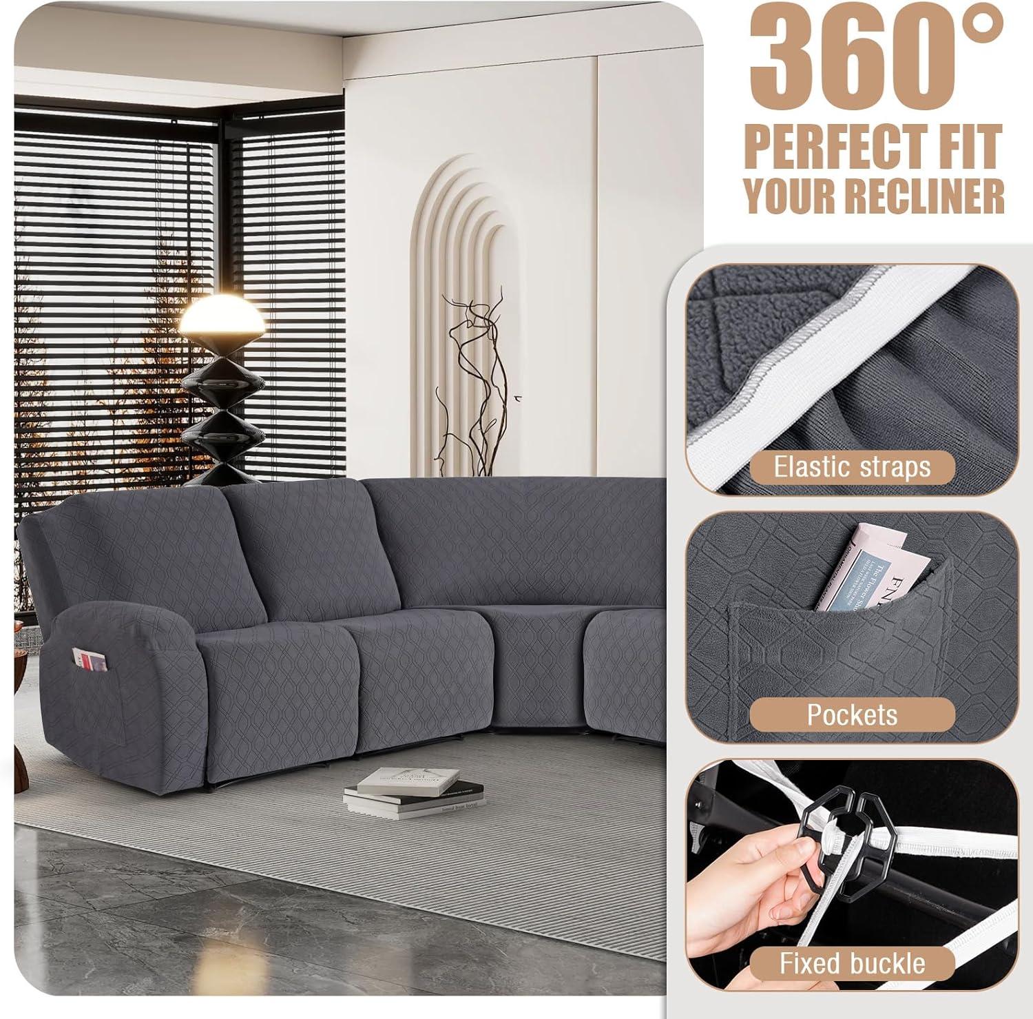 5-Pieces Recliner Corner Sectional Sofa Slipcovers- Oversized Box Cushion Reclining Sofa Covers for L Shaped Couch with Pockets ( 5 Seater)