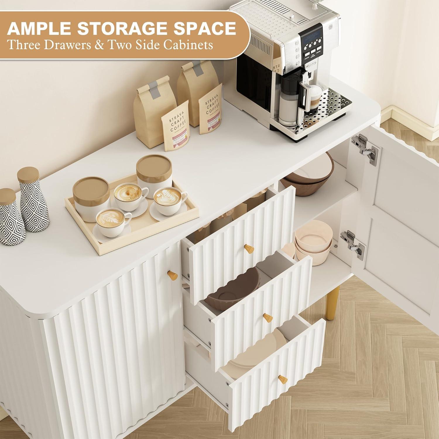 Lunale 48" 3-Door Storage Buffet Cabinet, Cabinet with Vertical Stripes Design Doors and Metal Handles for Living Room, White