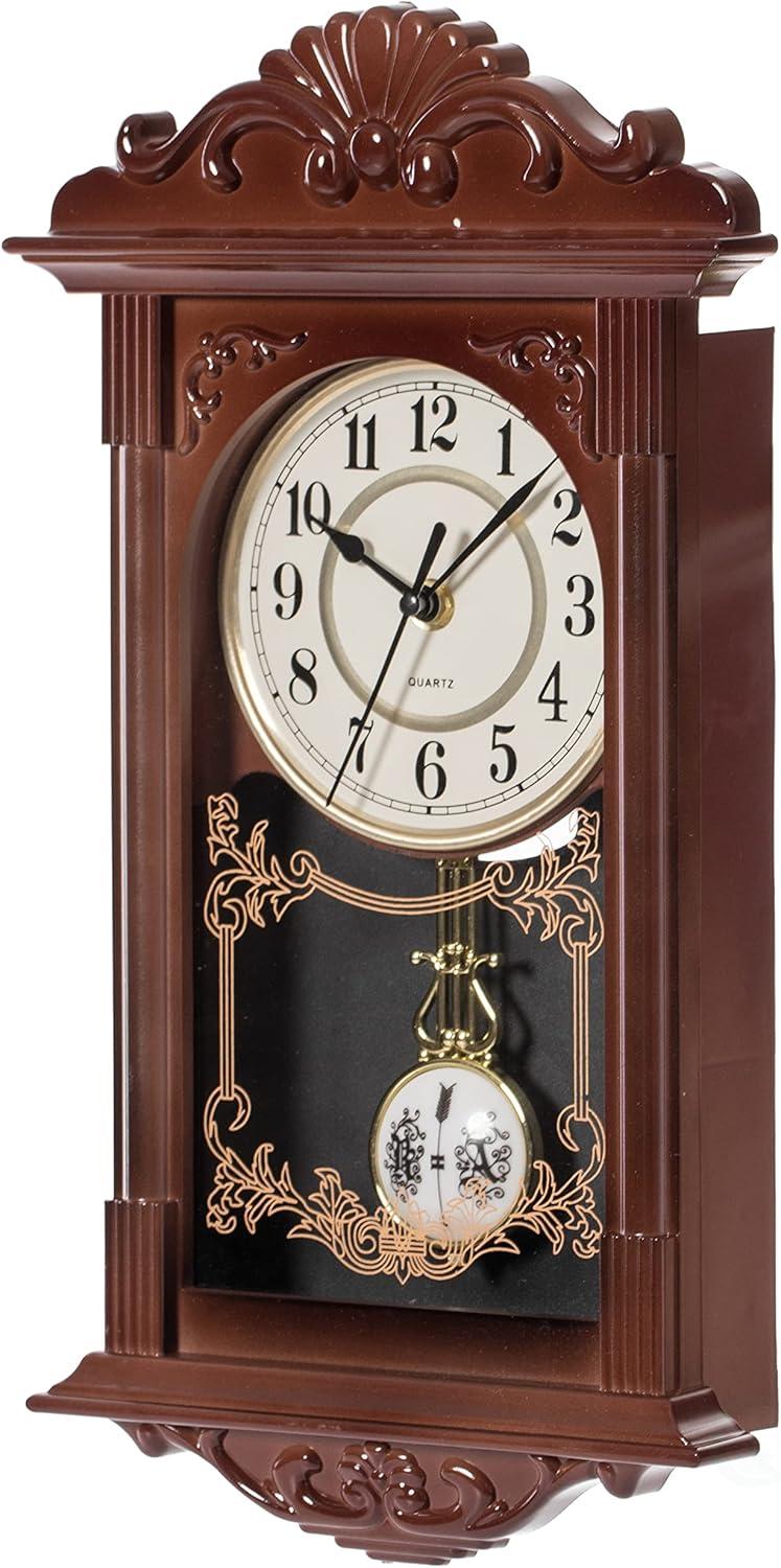 Clockswise Vintage Grandfather Wood-Looking Plastic Pendulum Decorative Battery-Operated Wall Clock