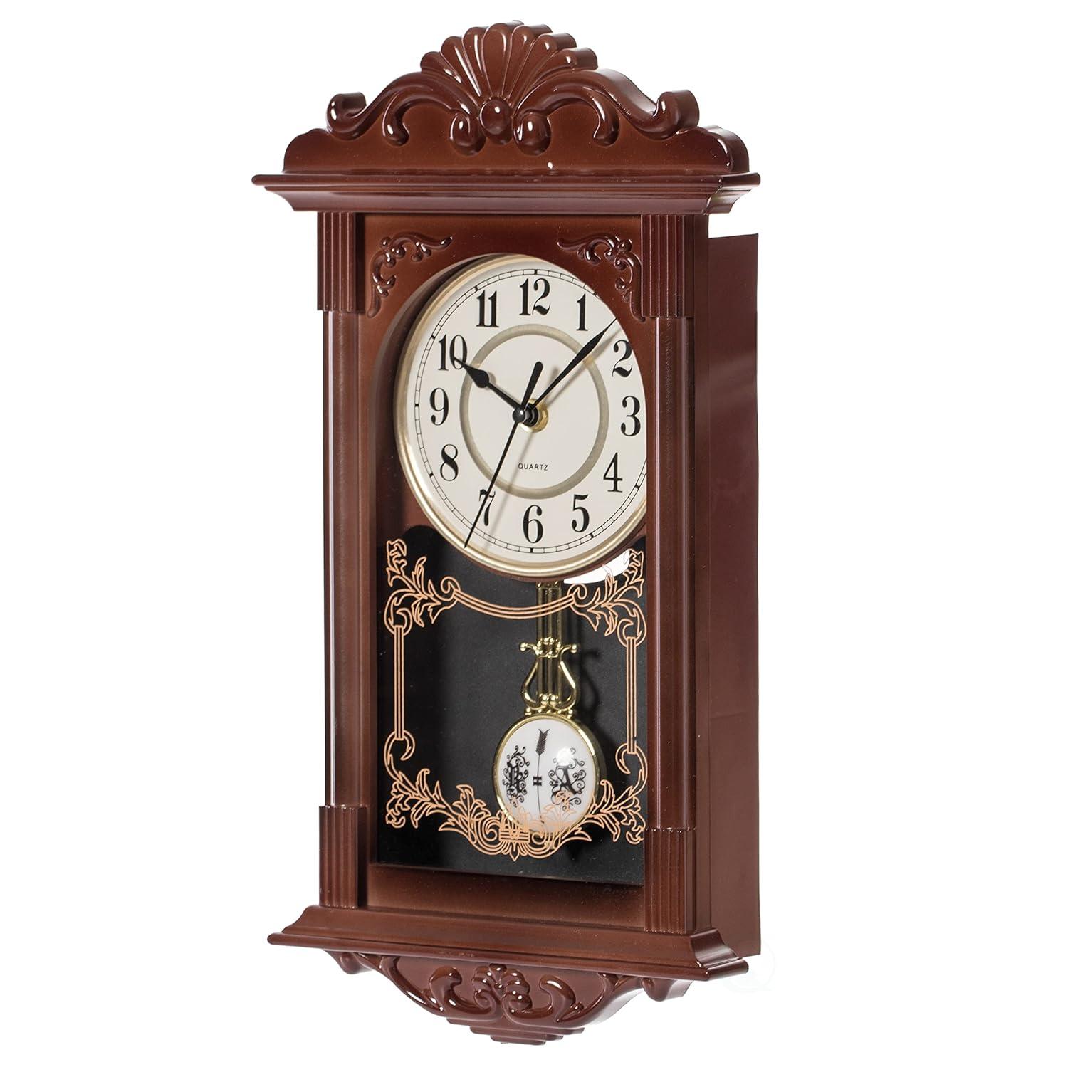 Clockswise Vintage Grandfather Wood-Looking Plastic Pendulum Decorative Battery-Operated Wall Clock, for Home Decor, Brown