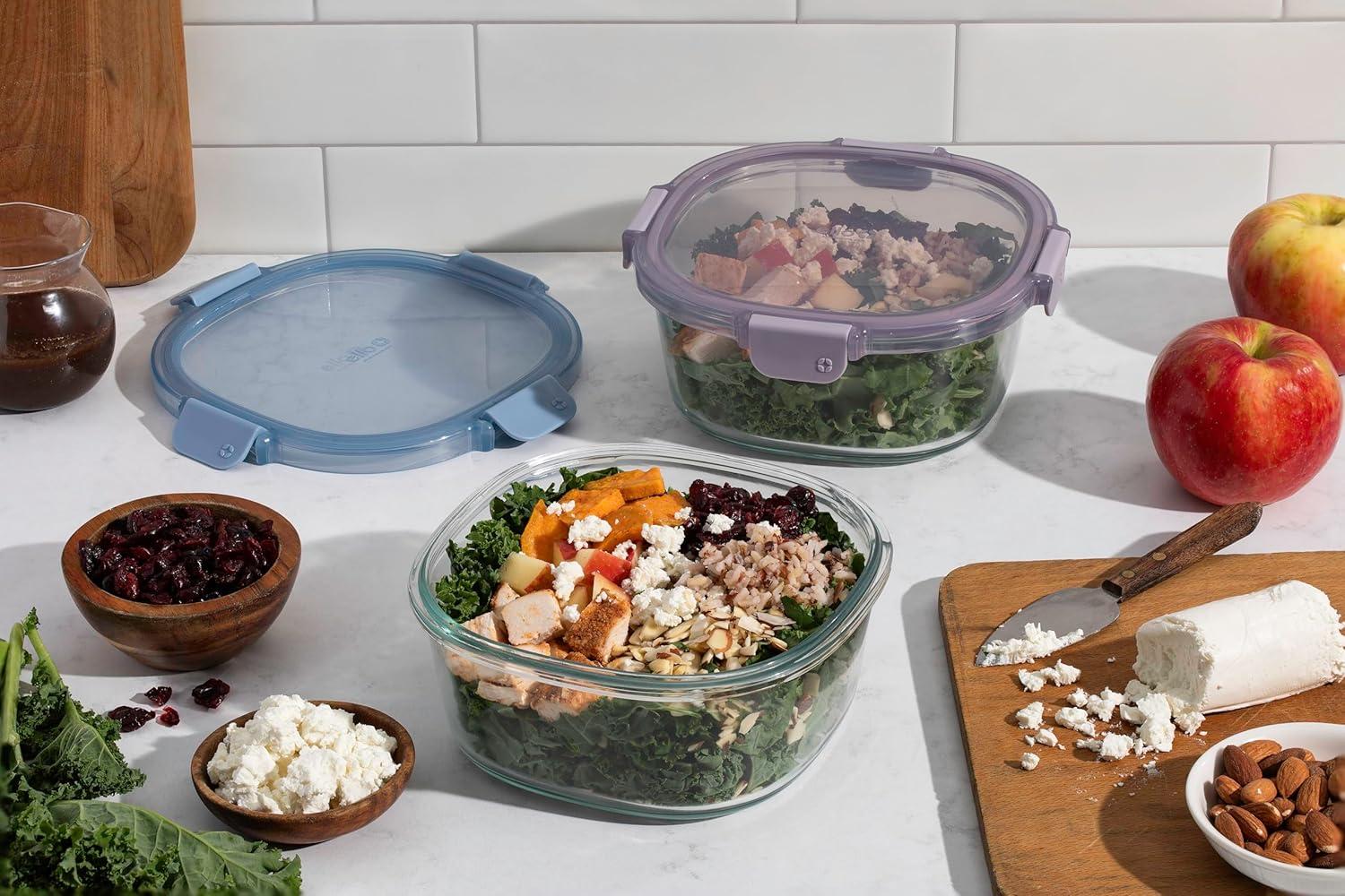 Ello 6pc Glass Condiment Color Lock Food Storage Container Set: Microwave & Oven Safe, Multicolored Lids