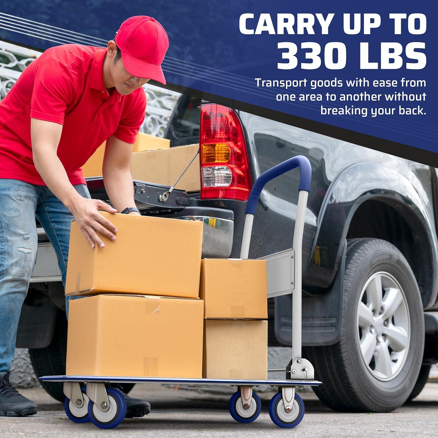 QuellQuest Upgraded Foldable Push Cart  | 330 lbs. Capacity Moving Platform Hand Truck | Heavy Duty Space Saving Collapsible | Swivel Push Handle Flat Bed Wagon(Blue)