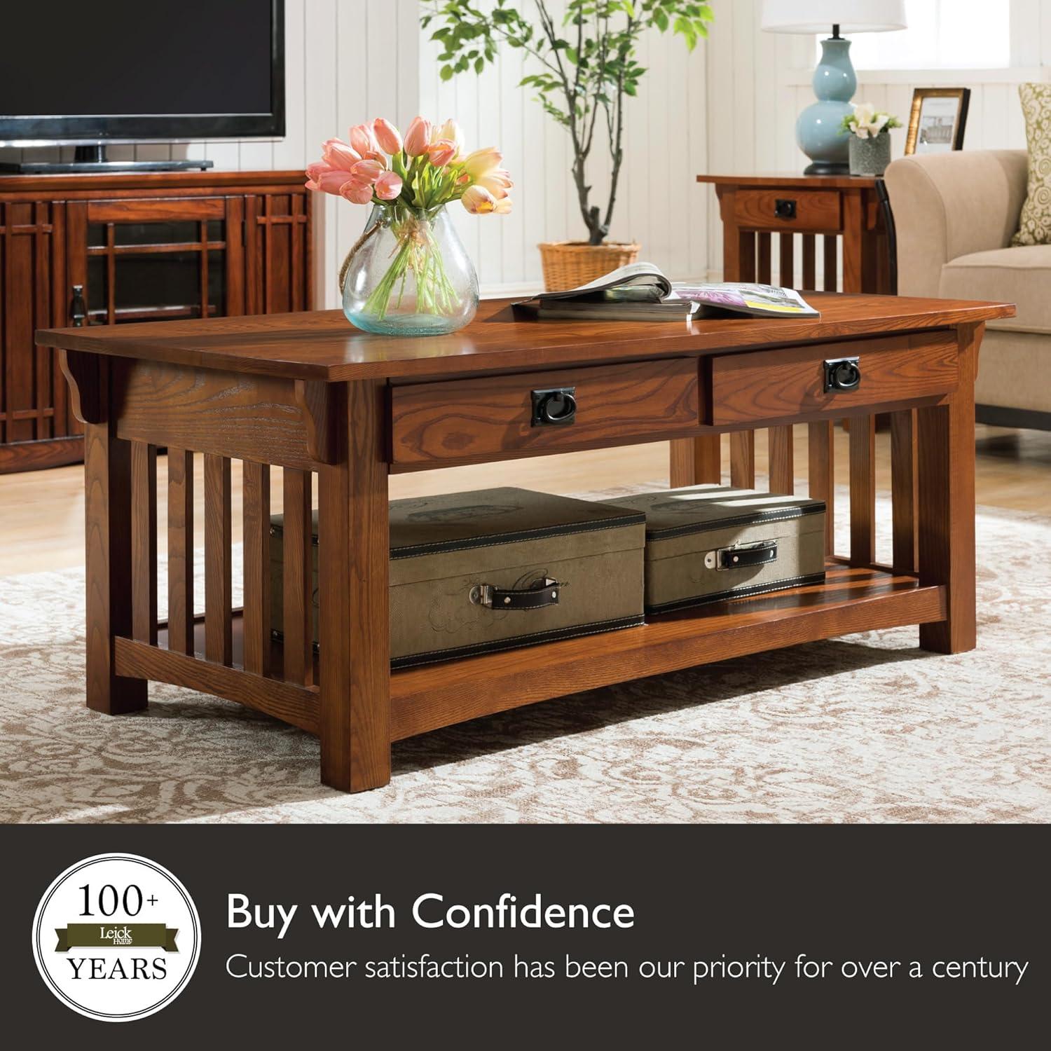 Leick Home Mission Coffee Table With Drawers And Shelf Medium Oak: CARB Certified, Ash Tabletop, No Tools Assembly