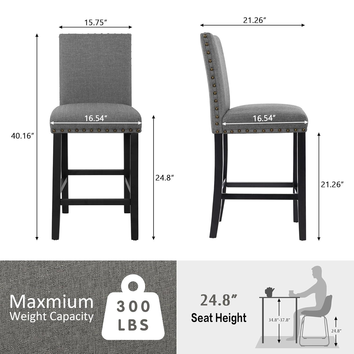 GOTMINSI Counter Height Bar Stool, Classic Upholstered 24 Inches Counter Height Stools Set of 4 barstools with Solid Wood Legs and Grey Fabric