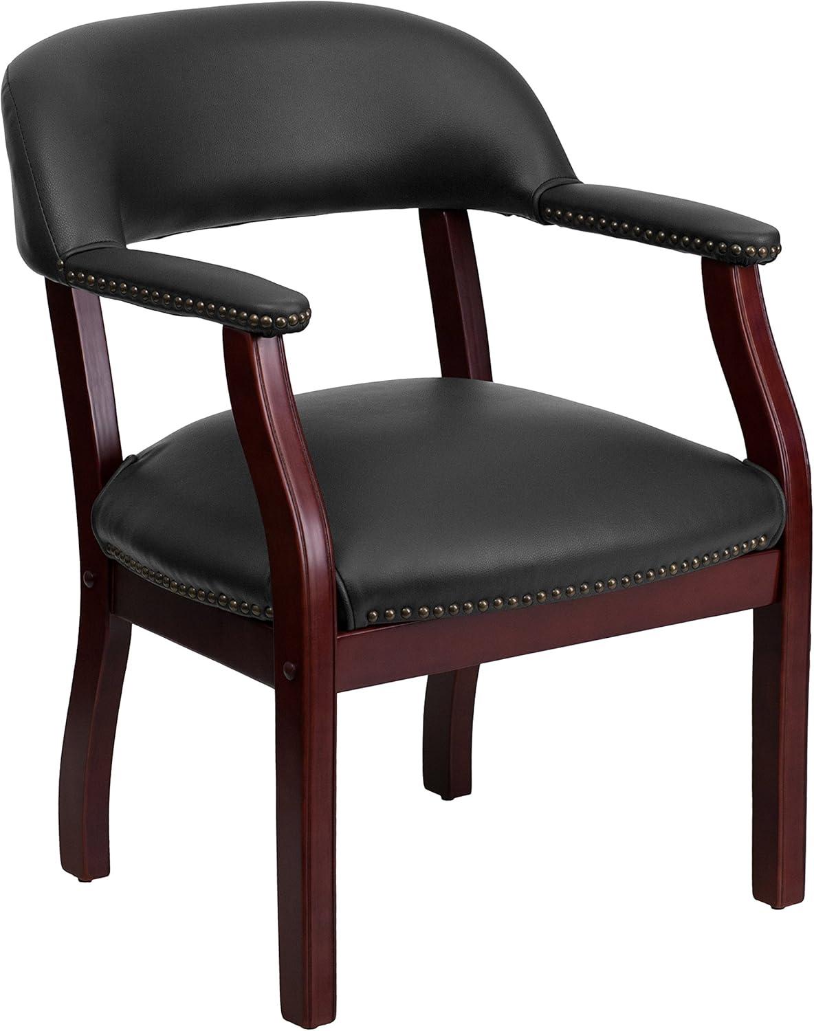 Elegant Black Vinyl and Wood Office Chair with Brass Nail Trim