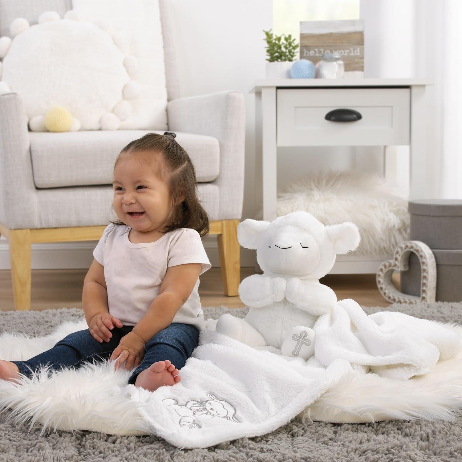 Little Love by NoJo Plush White Lamb Baptism Baby Blanket with Praying Hands and Embroidered Cross for Baptism or Christening Gifts