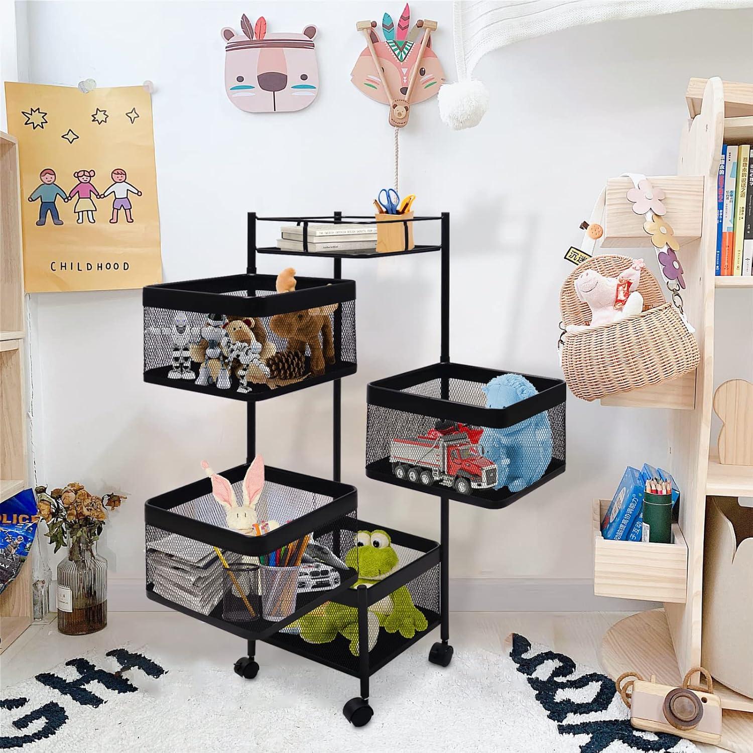 Black Metal 4-Tier Rotating Kitchen Storage Cart with Swing Out Shelves