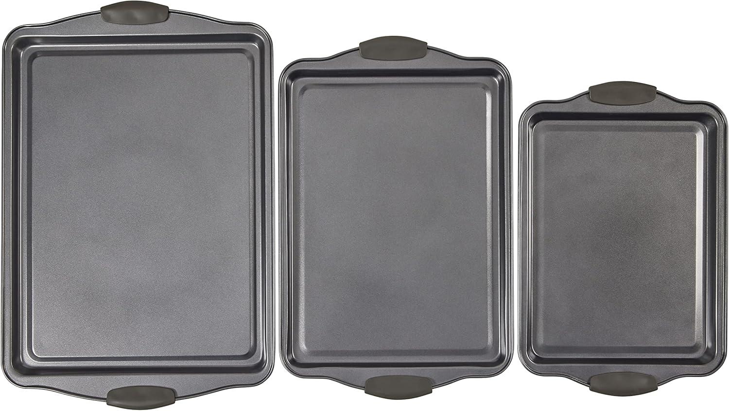 Gray Non-Stick Aluminum Cookie Sheet Set with Silicone Handles