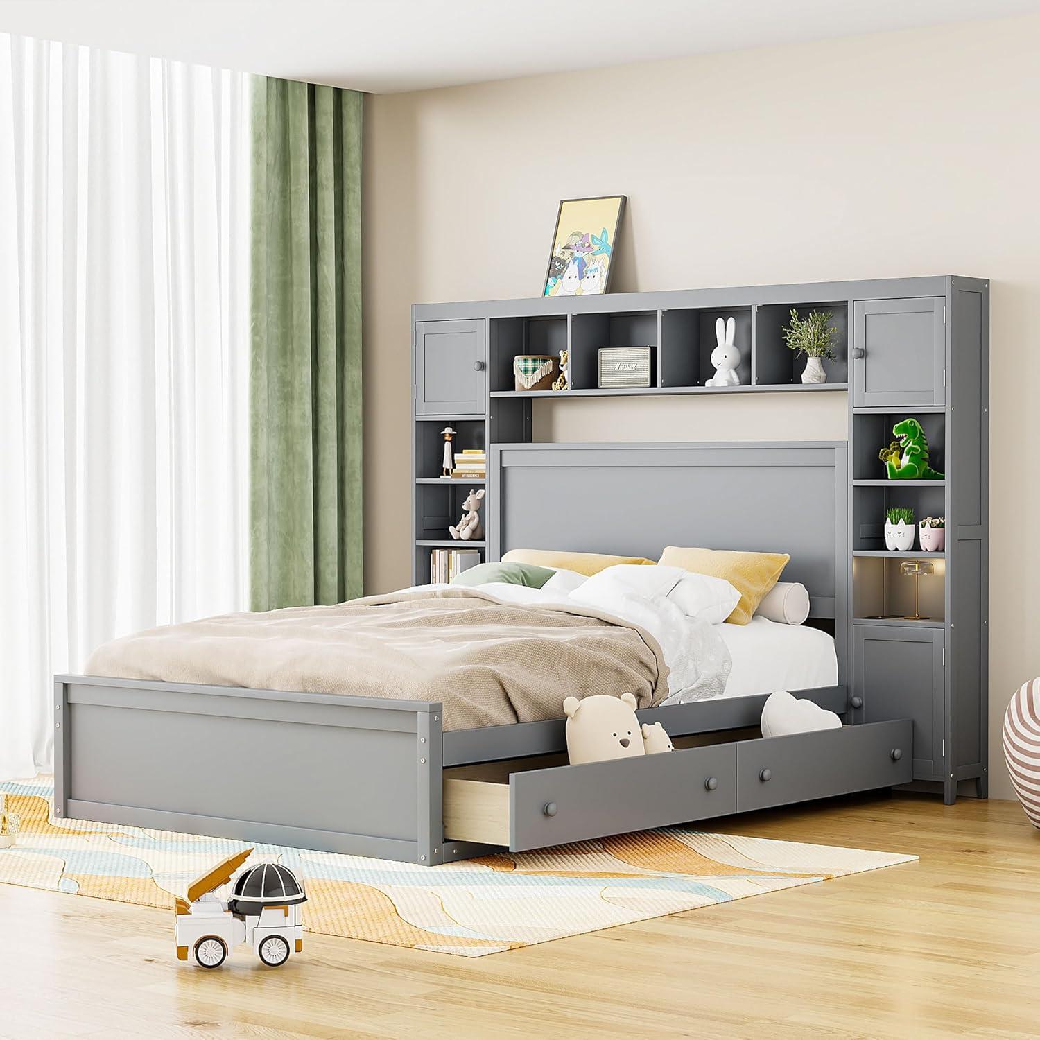 Gray Queen Size Pine Wood Storage Bed with Bookcase Headboard and Drawers