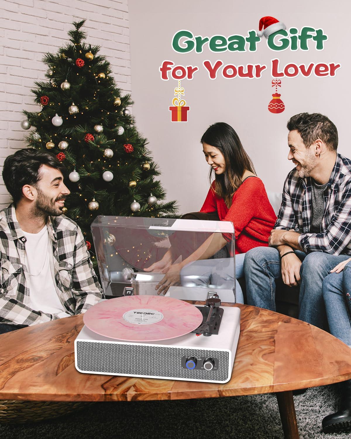 Vinyl Record Player with Upgraded Built-in Speakers, 3-Speed Belt-Driven Bluetooth Turntable for Vinyl Records, White Wood Grain Vintage Phonograph with RCA Out & AUX in, Auto Stop, MDF Cabinet