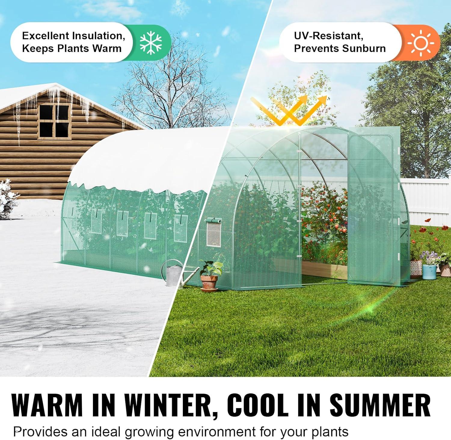VEVOR Walk-in Tunnel Greenhouse, 27.4x9.5x7.4 ft Hoop House Greenhouse Tunnel, Plant Hot House with Galvanized Steel Frame, Green PE Cover, Swing Door and 16 Roll-up Windows for Outdoor