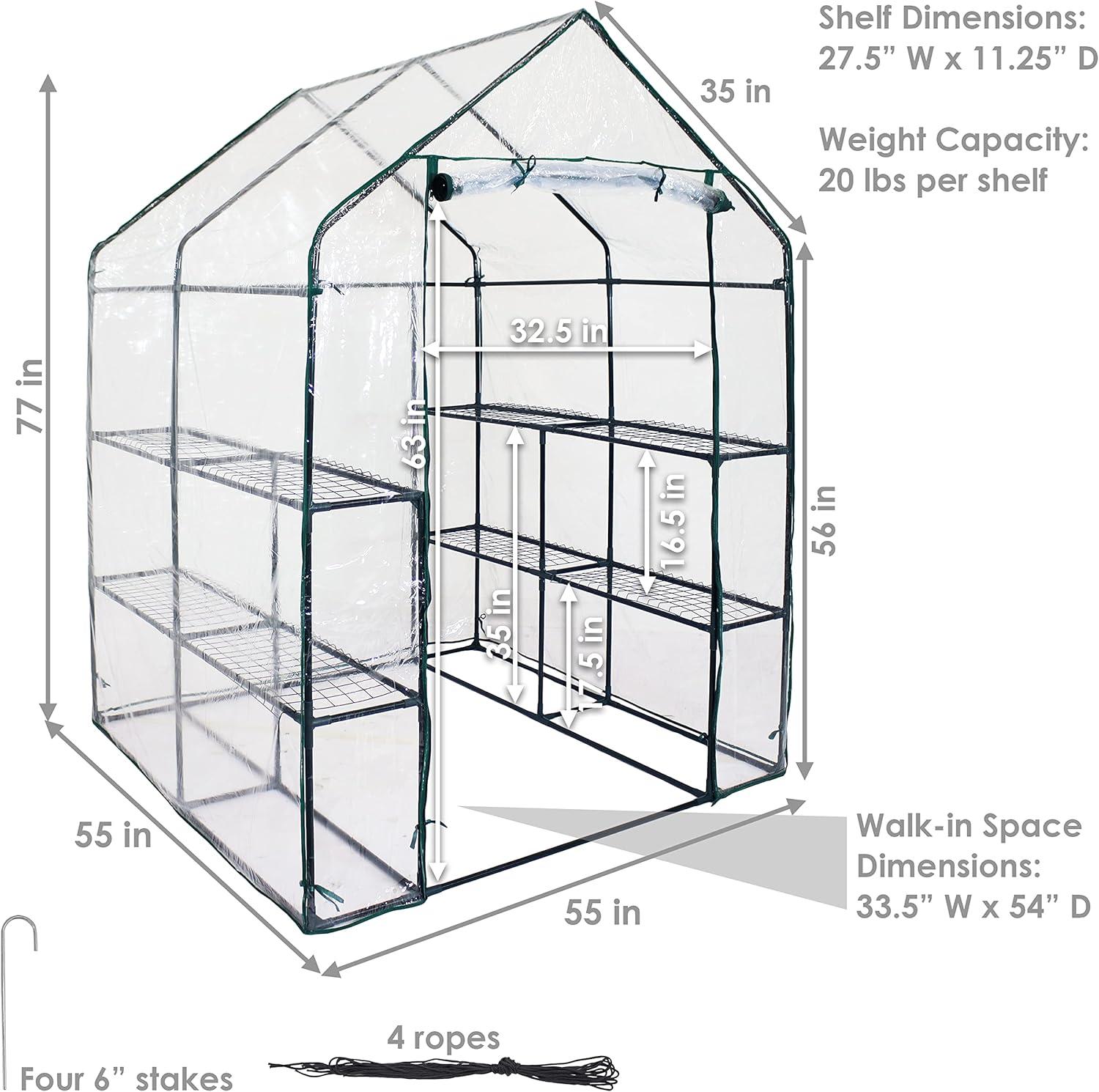 Sunnydaze Outdoor Portable Growing Rack Grandeur Mini Walk-In Greenhouse with Roll-Up Door - 4 Shelves - Clear