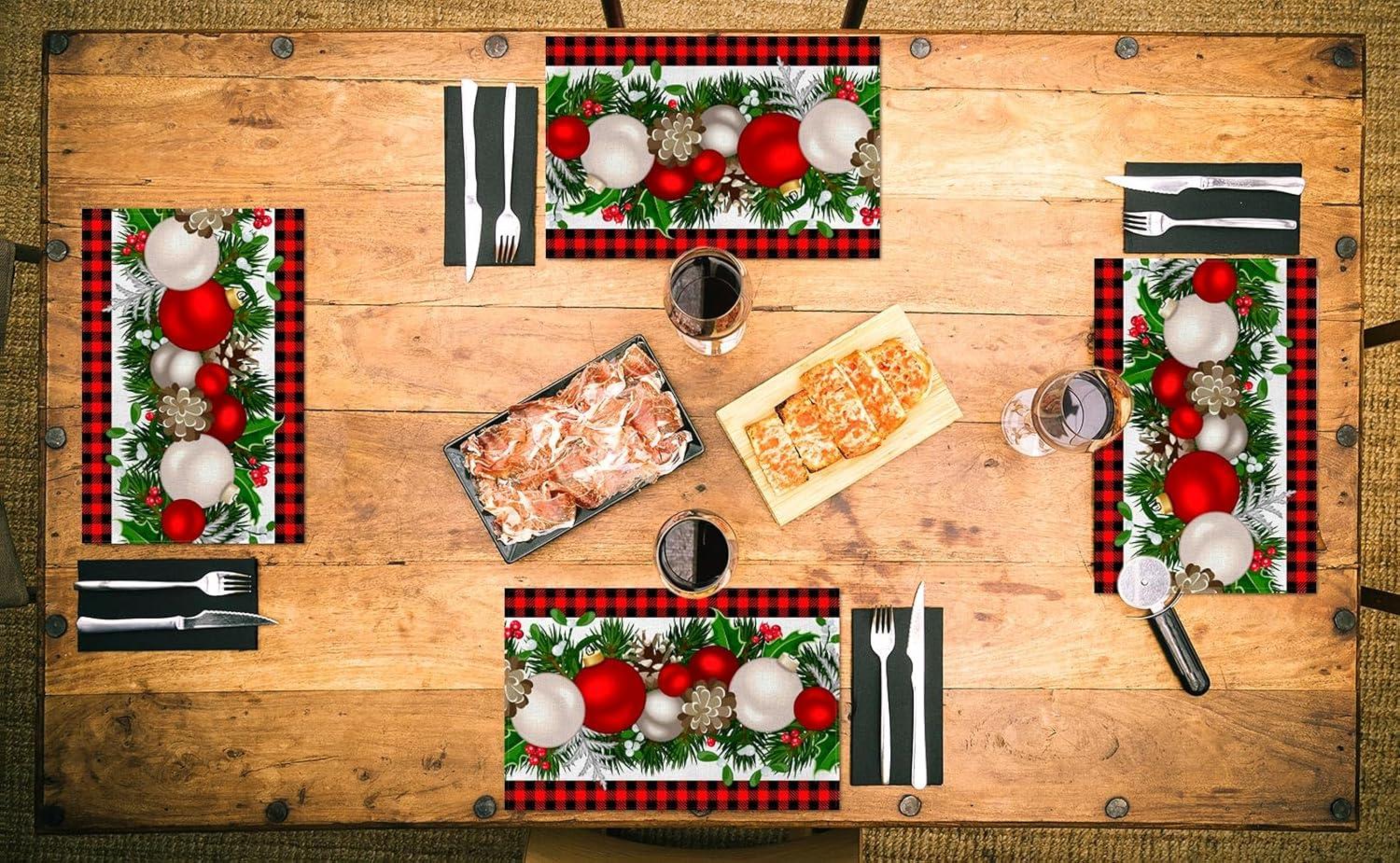 Linen Red and Black Buffalo Check Plaid Christmas Placemats Set of 4 Farmhouse Winter Christmas Xmas Holiday Home Kitchen Table Decorations