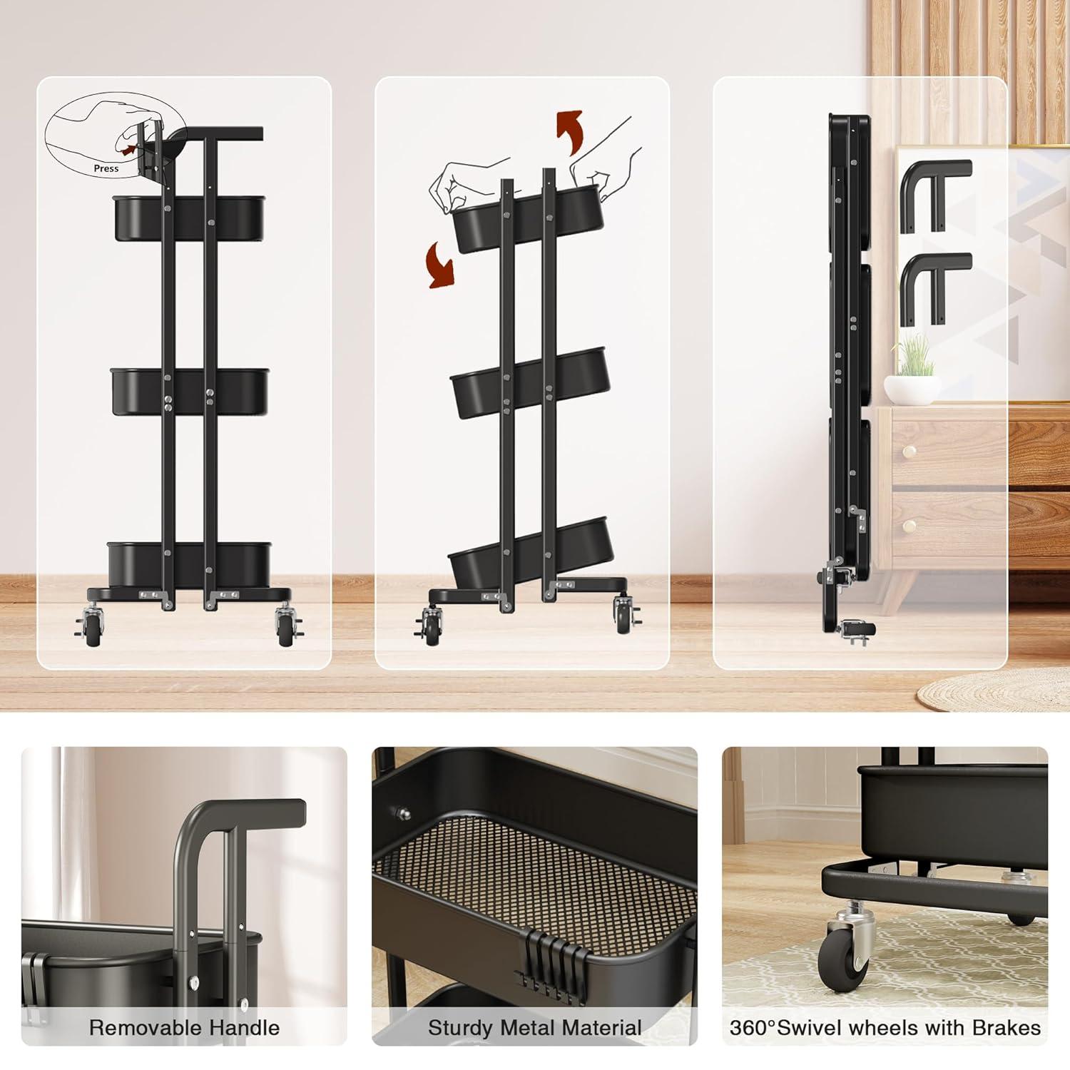 Wharick Foldable Storage Cart 3 Tier Rolling Cart with Wheels Folding Metal Cart Organizer with Handle Utility Cart with Basket for Kitchen Pantry, Classroom, Office