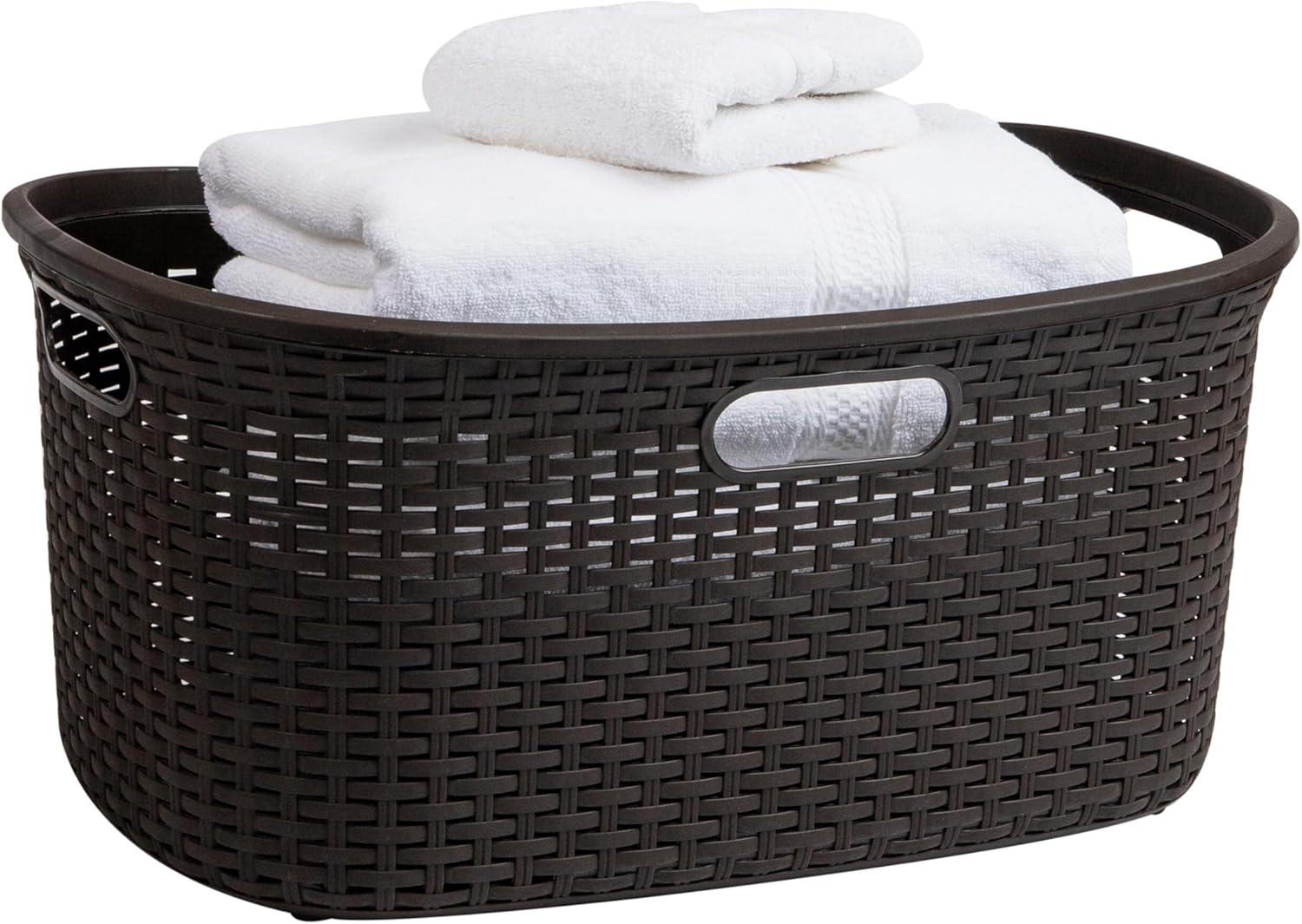 Brown Wicker Design Plastic Laundry Hamper with Lid