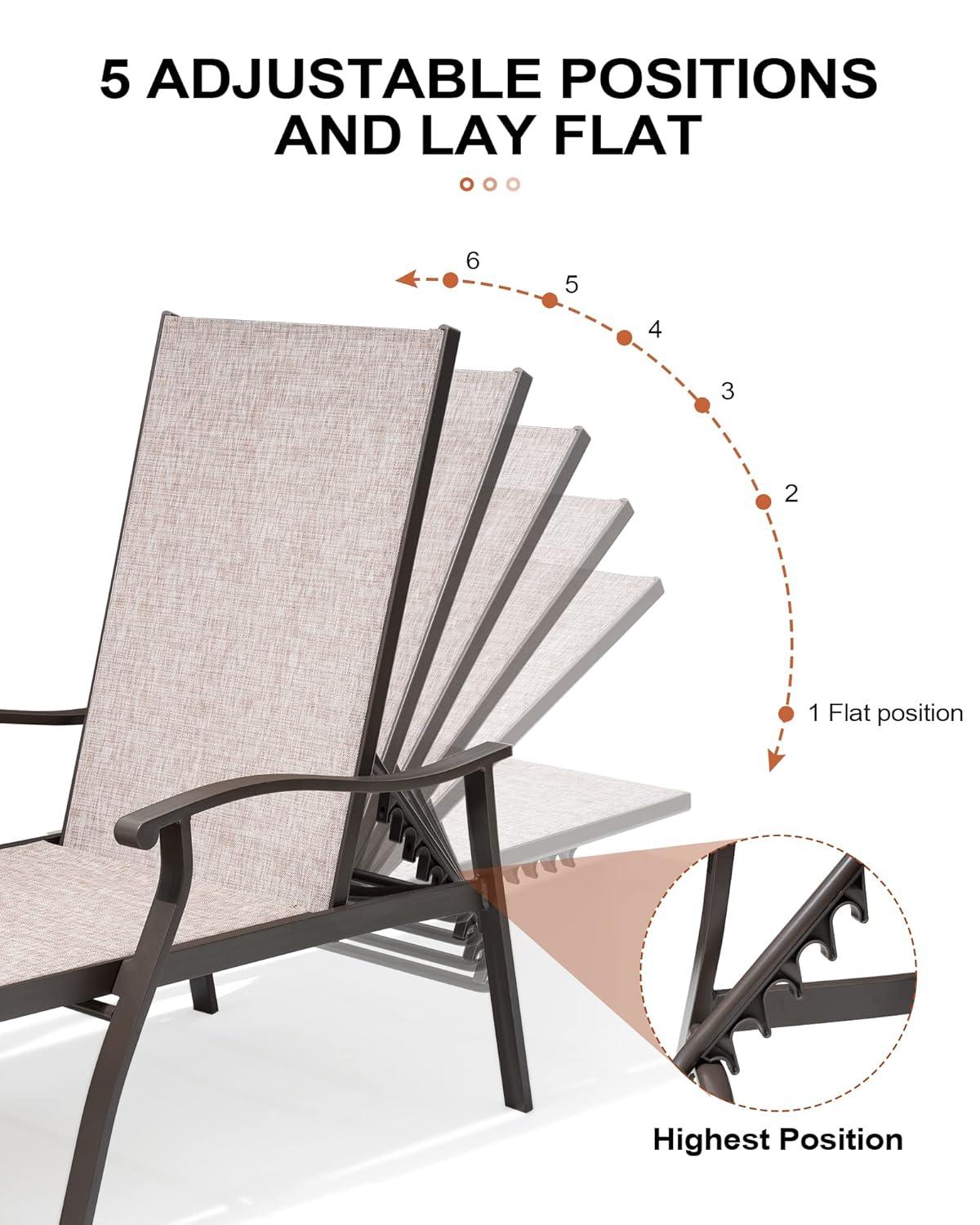 Beige Aluminum Outdoor Chaise Lounge with Armrests, Set of 2