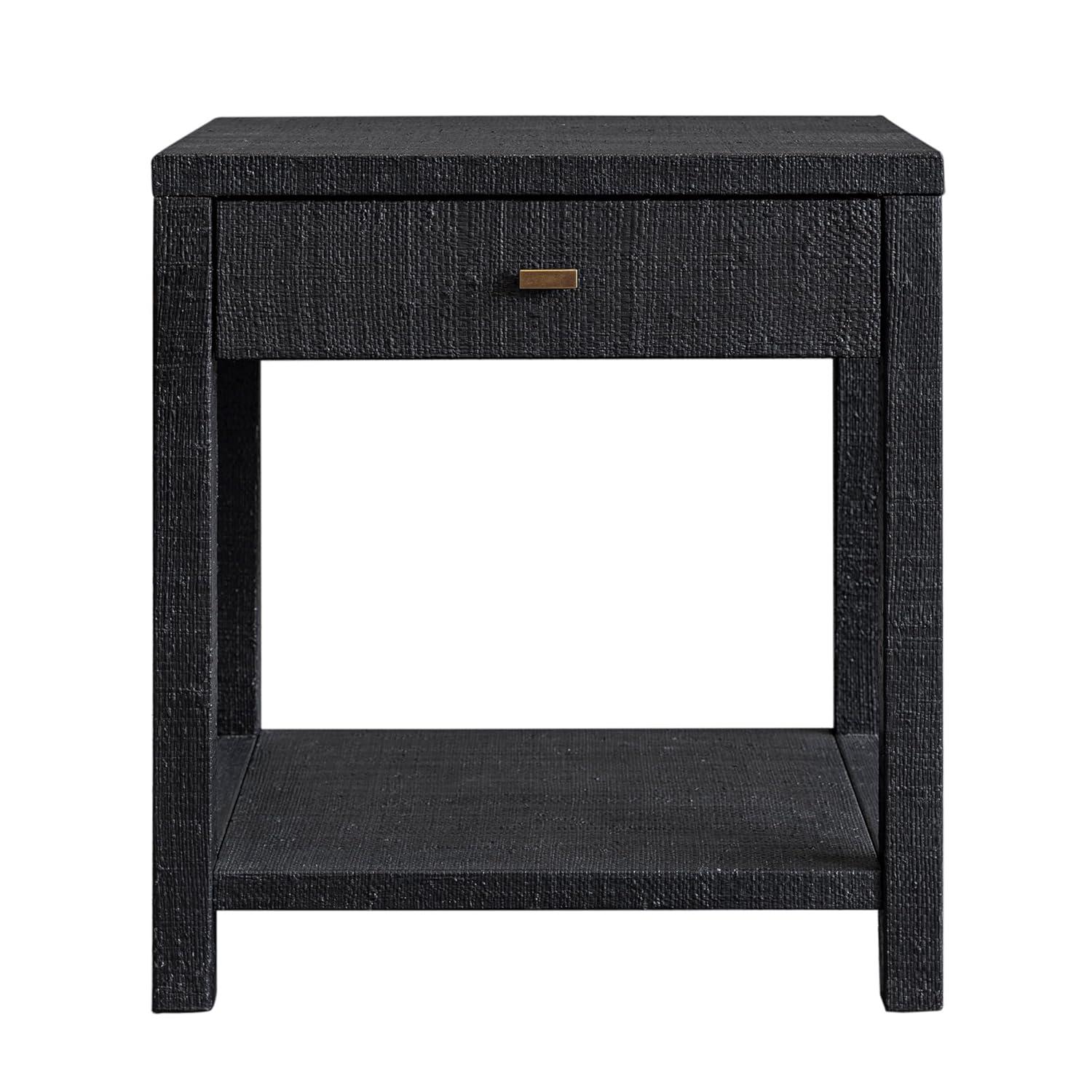 East at Main Indigo Road by Egypt Sherrod Gia Black Bedside Table with Drawer & Open Shelf – Modern Wood Nightstand for Bedroom Storage, Handcrafted Raffia Accent Table