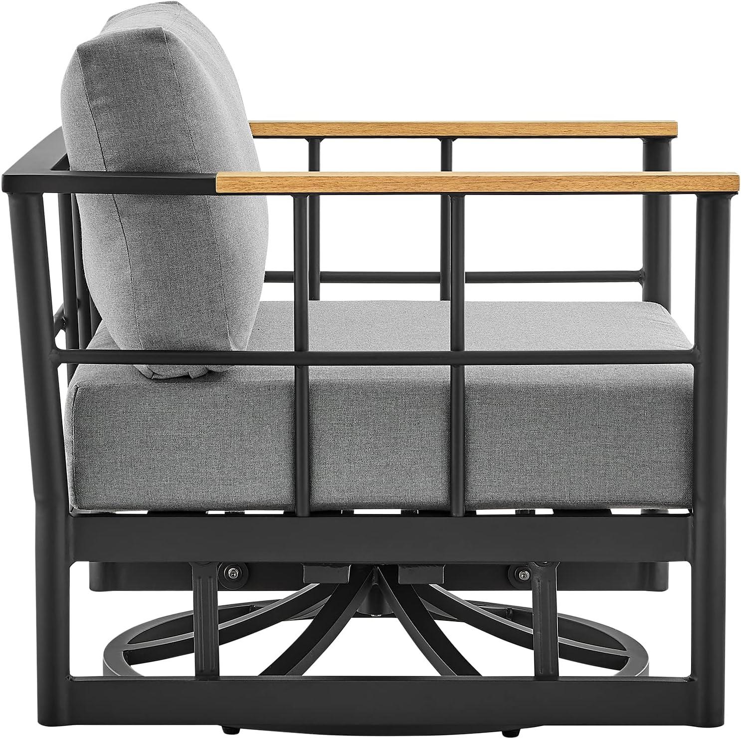 Shari Outdoor Patio Swivel Glider Lounge Chair in Black Aluminum and Teak Wood with Cushions