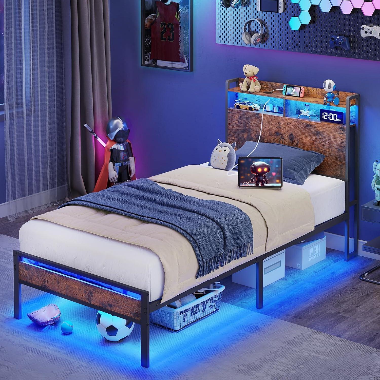 Sofanext Twin Bed Frames, Storage Headboard with Charging Station, RGB Light Strips, Solid and Stable, Noise Free, No Box Spring Needed, Easy Assembly, Rustic Brown