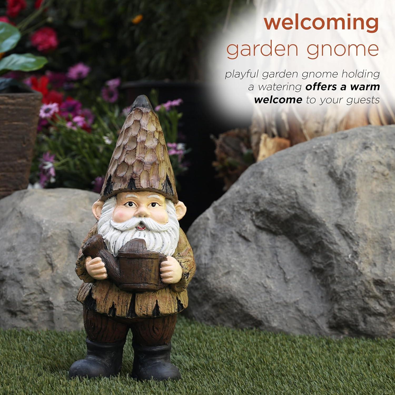 16" Magnesium Oxide Indoor/Outdoor Garden Gnome with Watering Can Statue Brown - Alpine Corporation