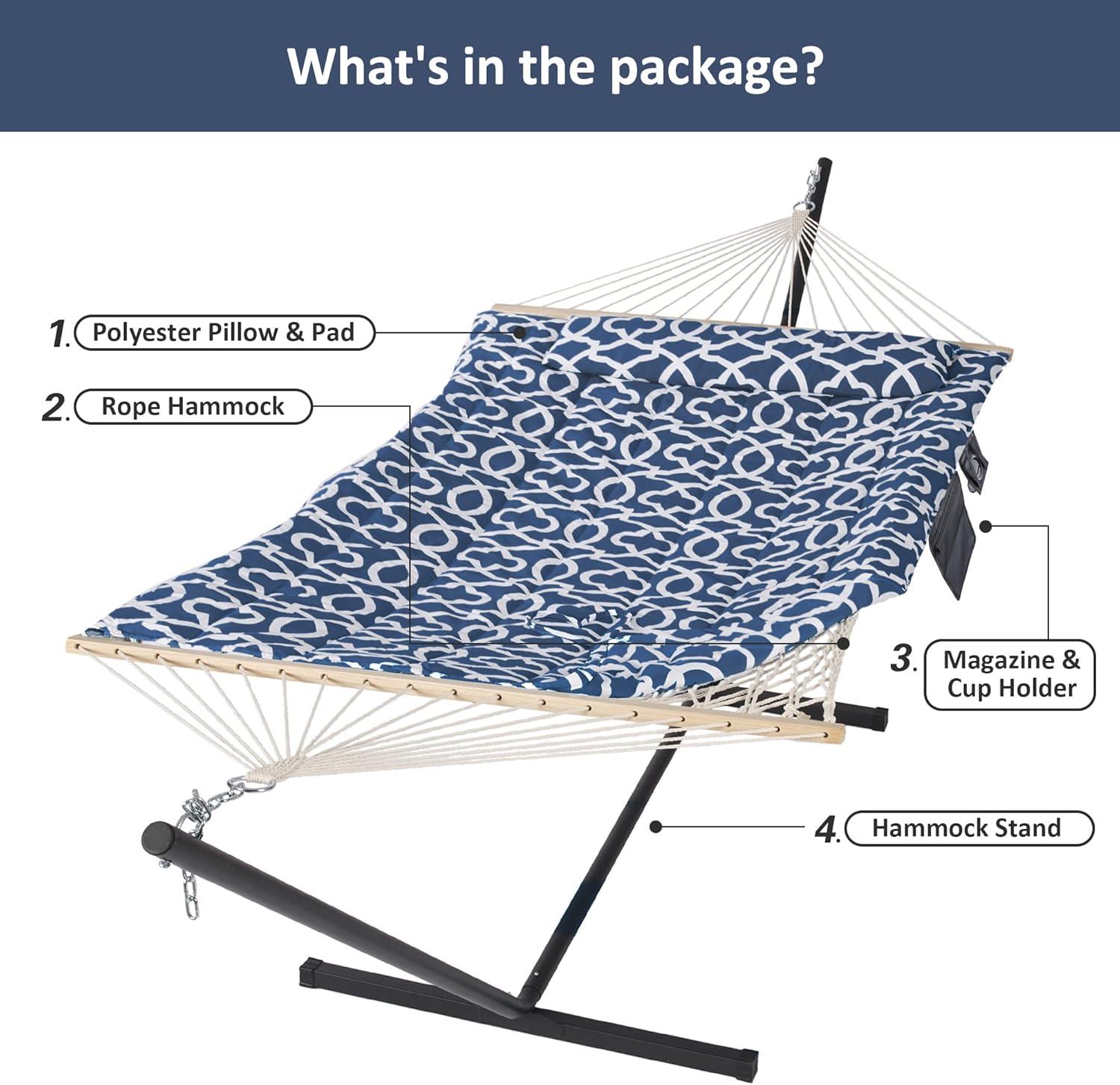 Blue Pattern Double Hammock with Stand and Cushions