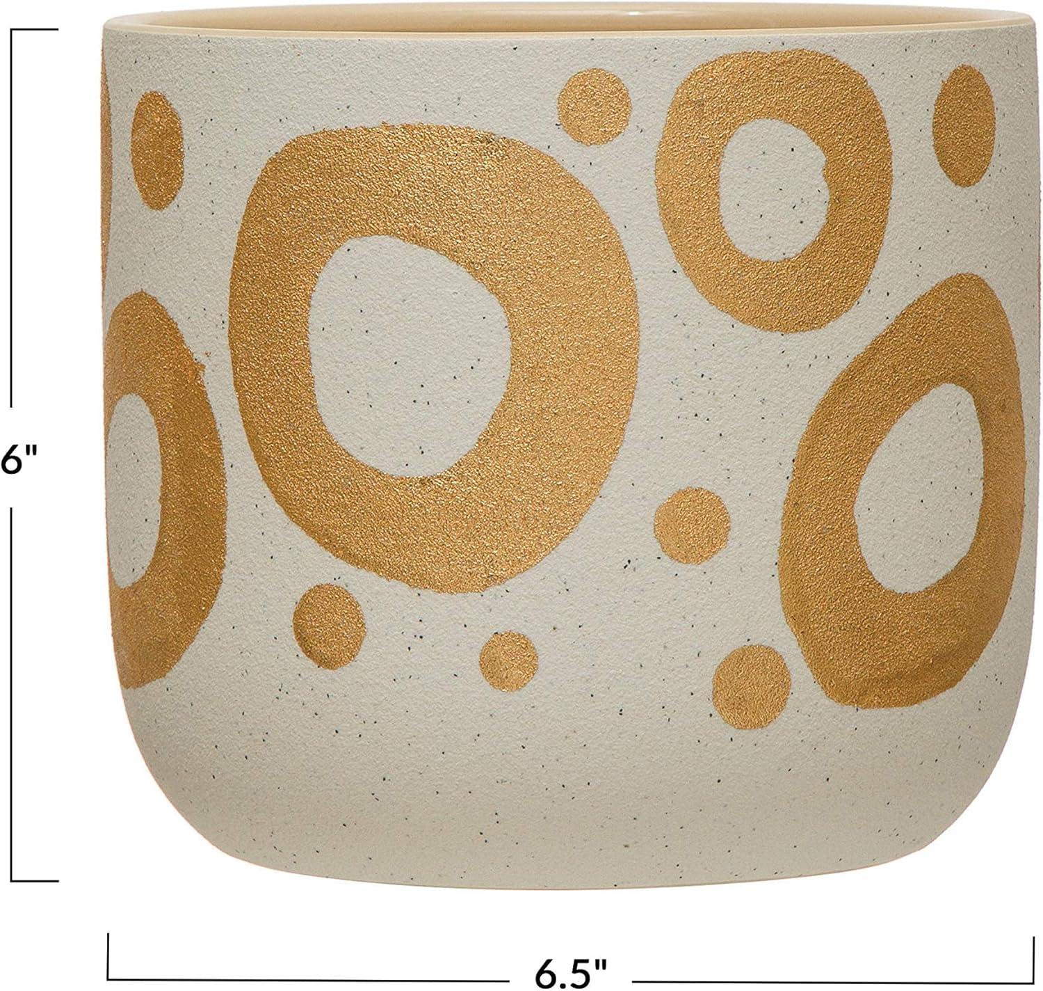 Creative Co-Op Hand-Painted Stoneware Planter with Circle Design, White and Gold