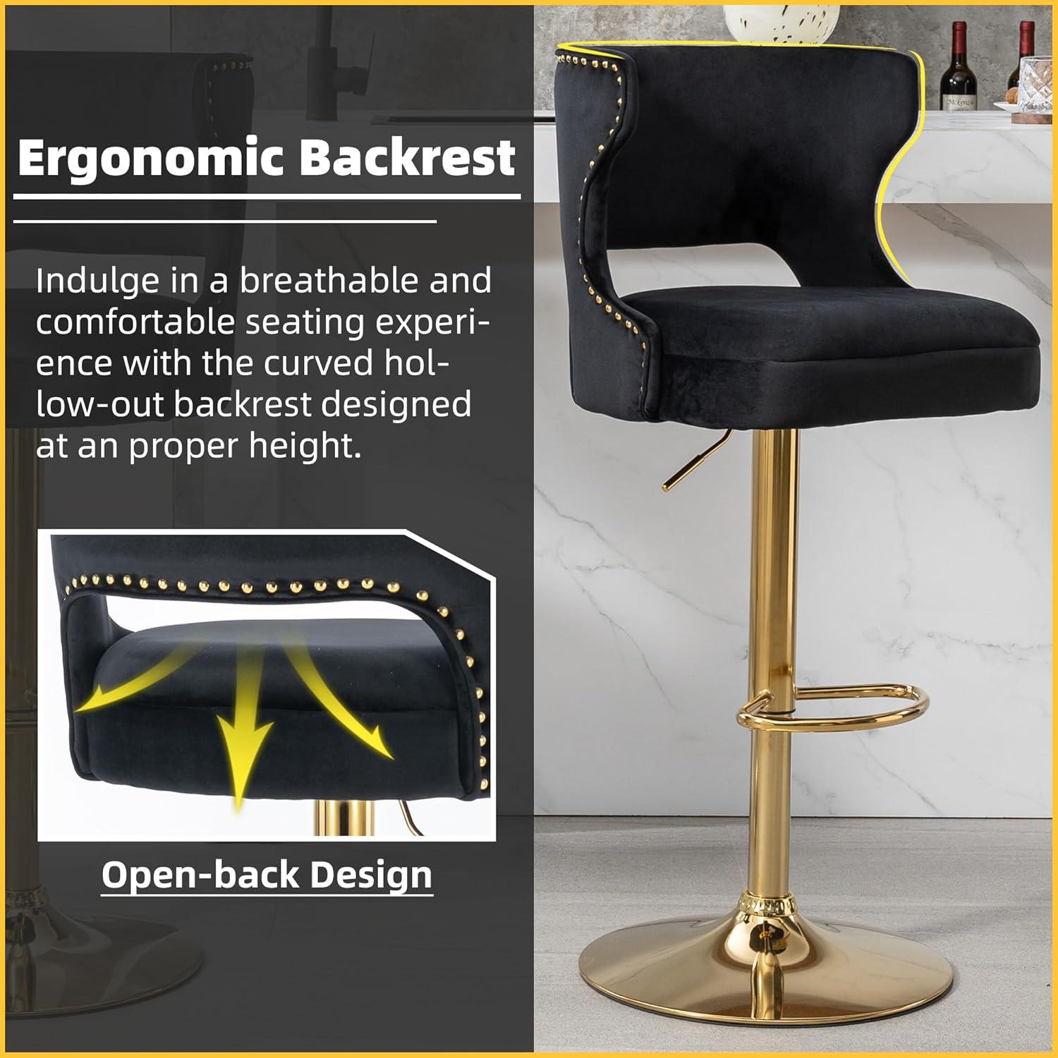 Black Velvet Swivel Bar Stools with Gold Base, Set of 2