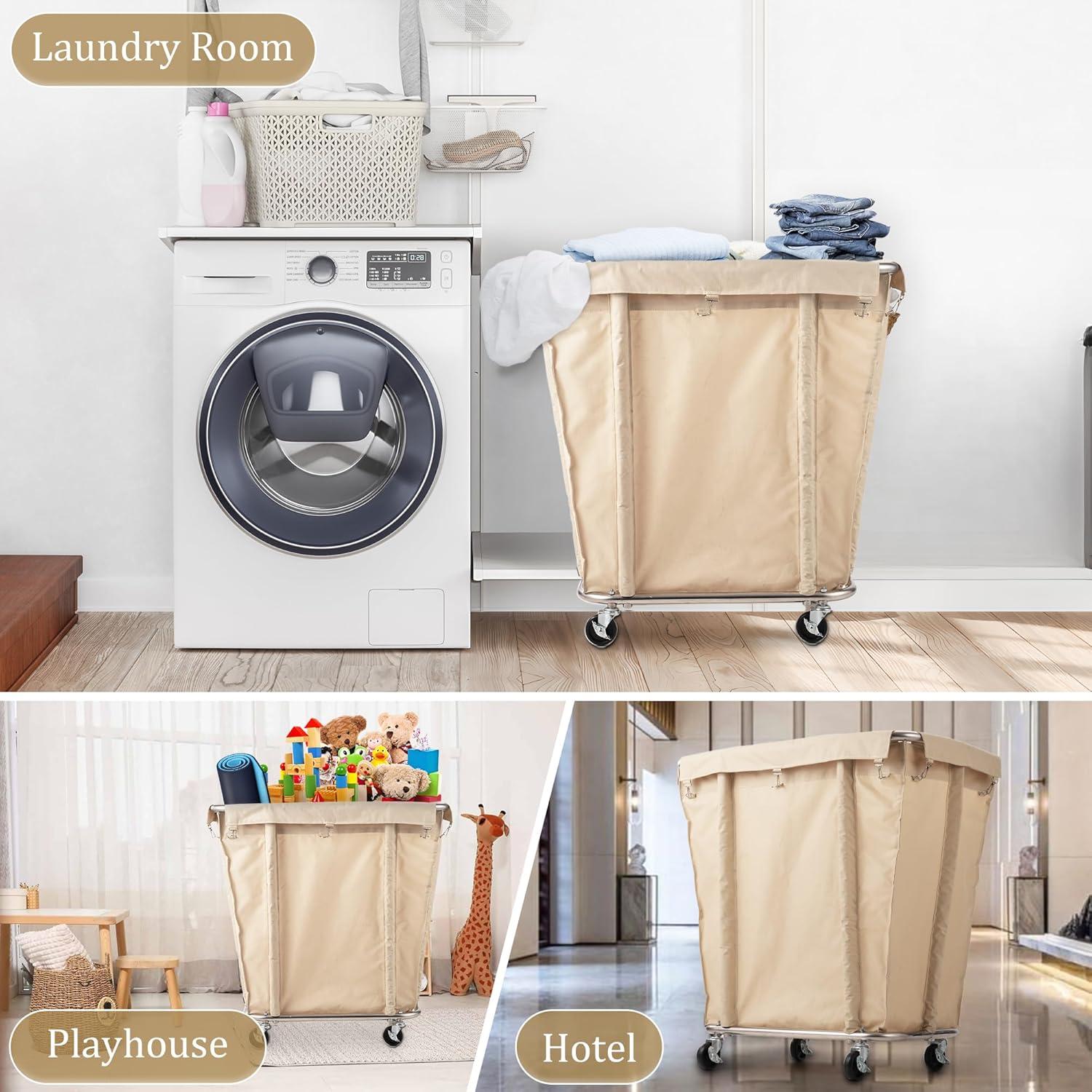 Rengue Commercial Laundry Cart with Wheels, 320L Capacity Laundry Sorter Rolling Laundry Hamper with Waterproof Oxford Basket and Sturdy Steel Frame, 260 lbs Load, Beige