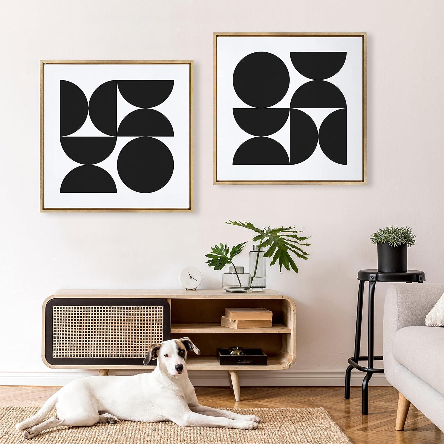 Kate and Laurel Sylvie Bold Vintage Geometric Black and White Framed Canvas Wall Art by The Creative Bunch Studio, 30x30 Gold, Geometric Black Modern Art for Wall