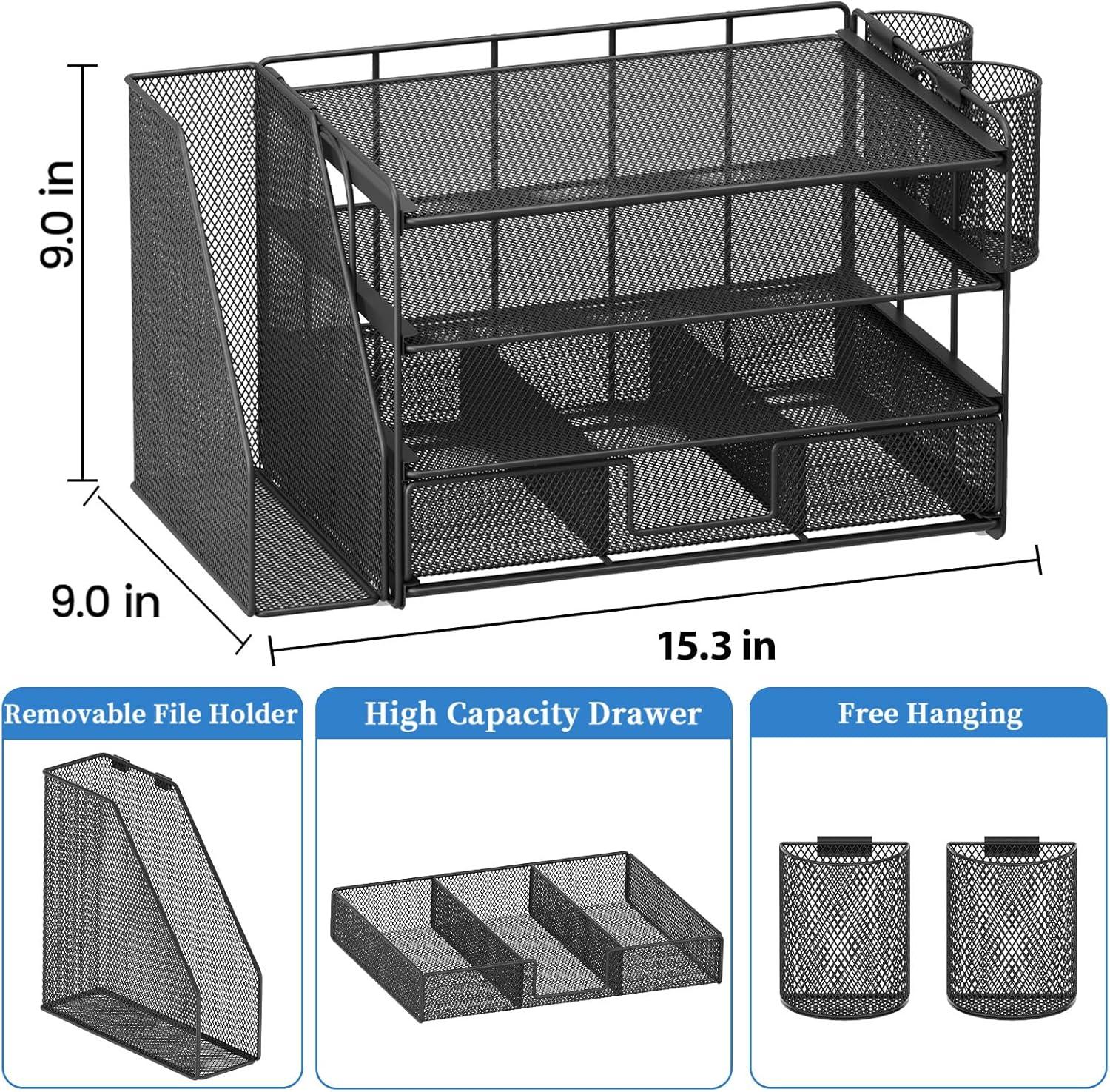 Desk Organizer and Accessories, 4-Tier Desktop File Organizer with Drawer and 2 Pen Holders, Office Desk Accessories for Office Supplies(Black)
