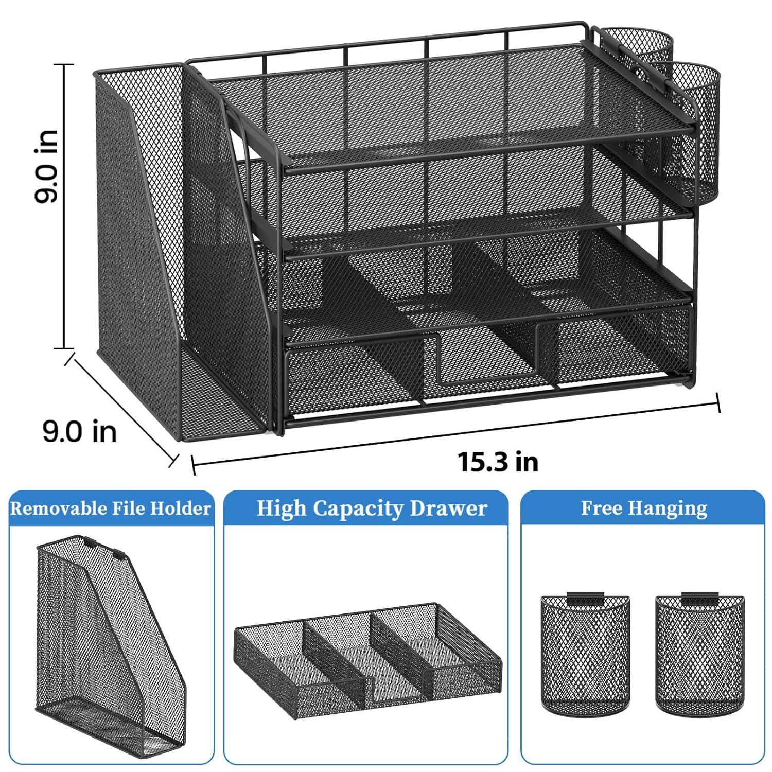 Desk Organizer and Accessories, 4-Tier Desktop File Organizer with Drawer and 2 Pen Holders, Office Desk Accessories for Office Supplies(Black)