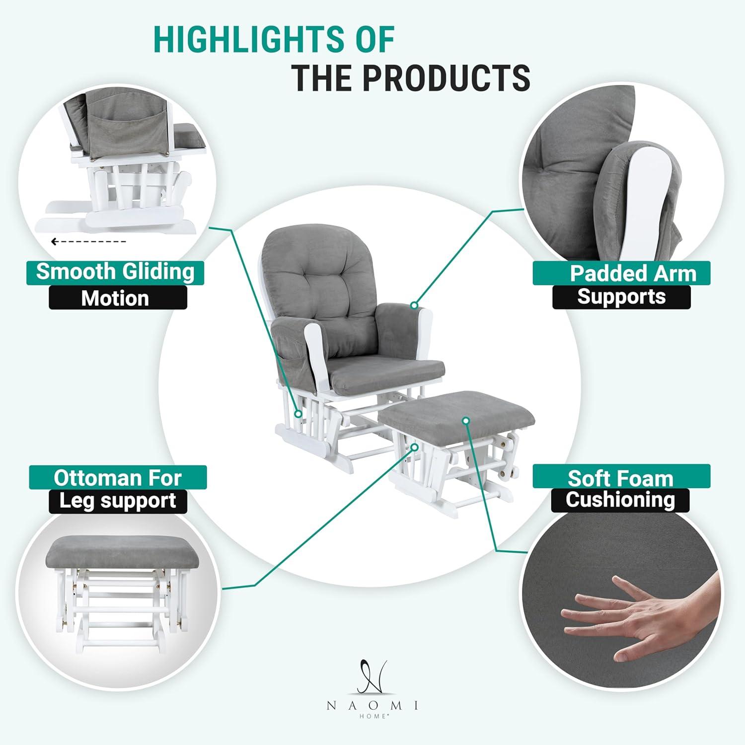 Nursery Glider & Ottoman Sets, Reclining Swivel Glider Rocker with Ottoman, Nursery Rocking Chair for Baby Room, Upholstered Nursery Recliner Glider with Ottoman, Padded Arms - Dark Gray, White