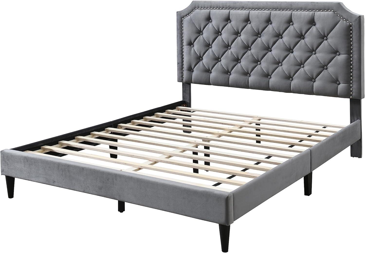 Urban Home Furniture Ava Plush Velvet Tufted Buttoned Upholstered Headboard Clipped Edge Nailhead Decorated Platform Bed Frame with Wood Slats Support Legs Queen - Charcoal Grey