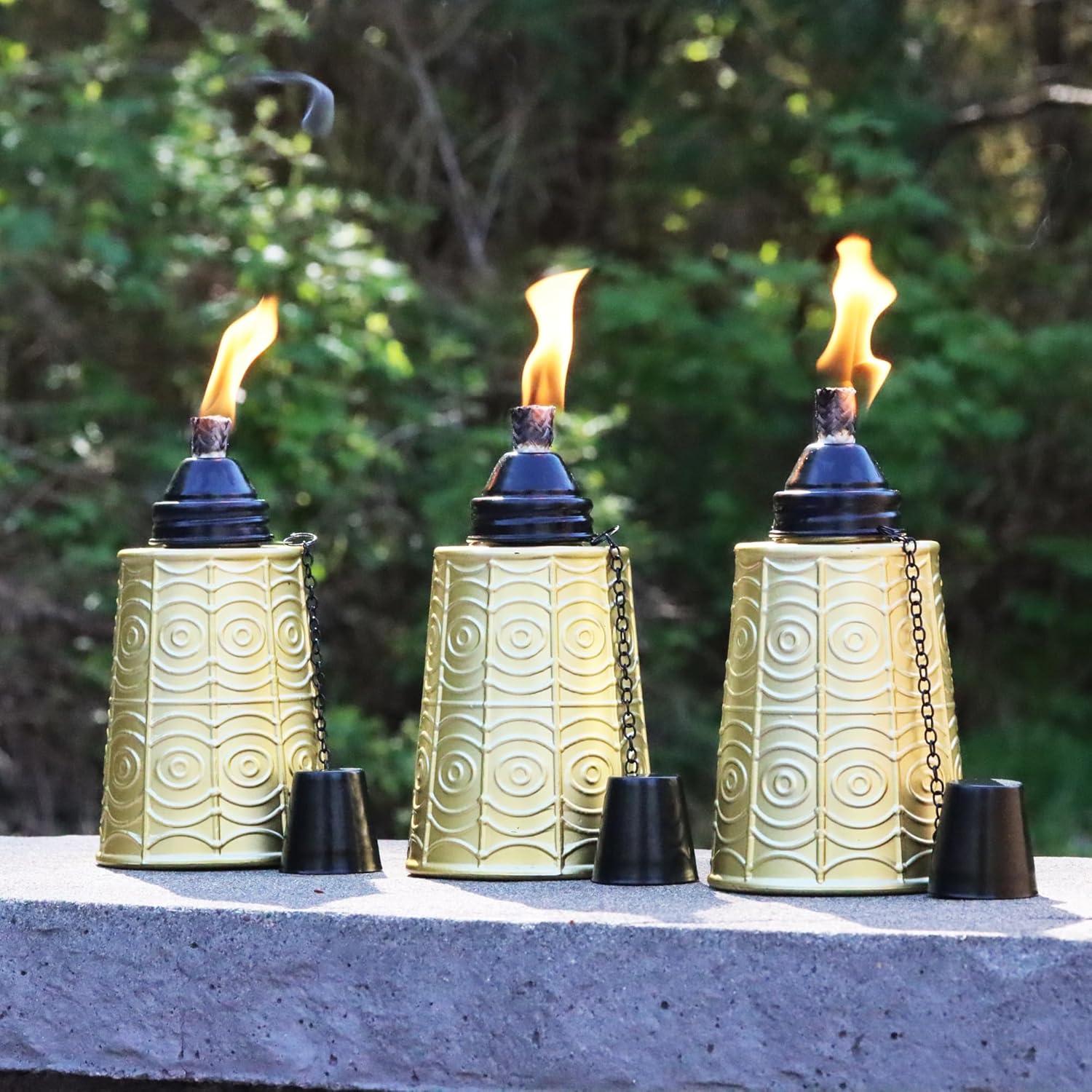 Seraphic Citronella Table Top Tiki Torches for Outdoor Patio, 16oz Decorative Glass Torch Citronella Oil Candles for Outside Deck, Garden, Parties, Set of 3, Gold