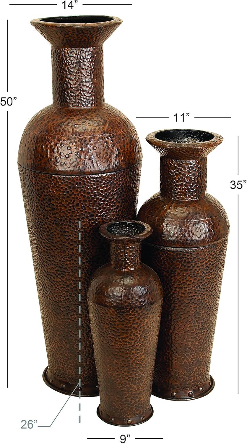 Tall Dark Brown Metal Floor Decorative Vase Set with Bubble Texture