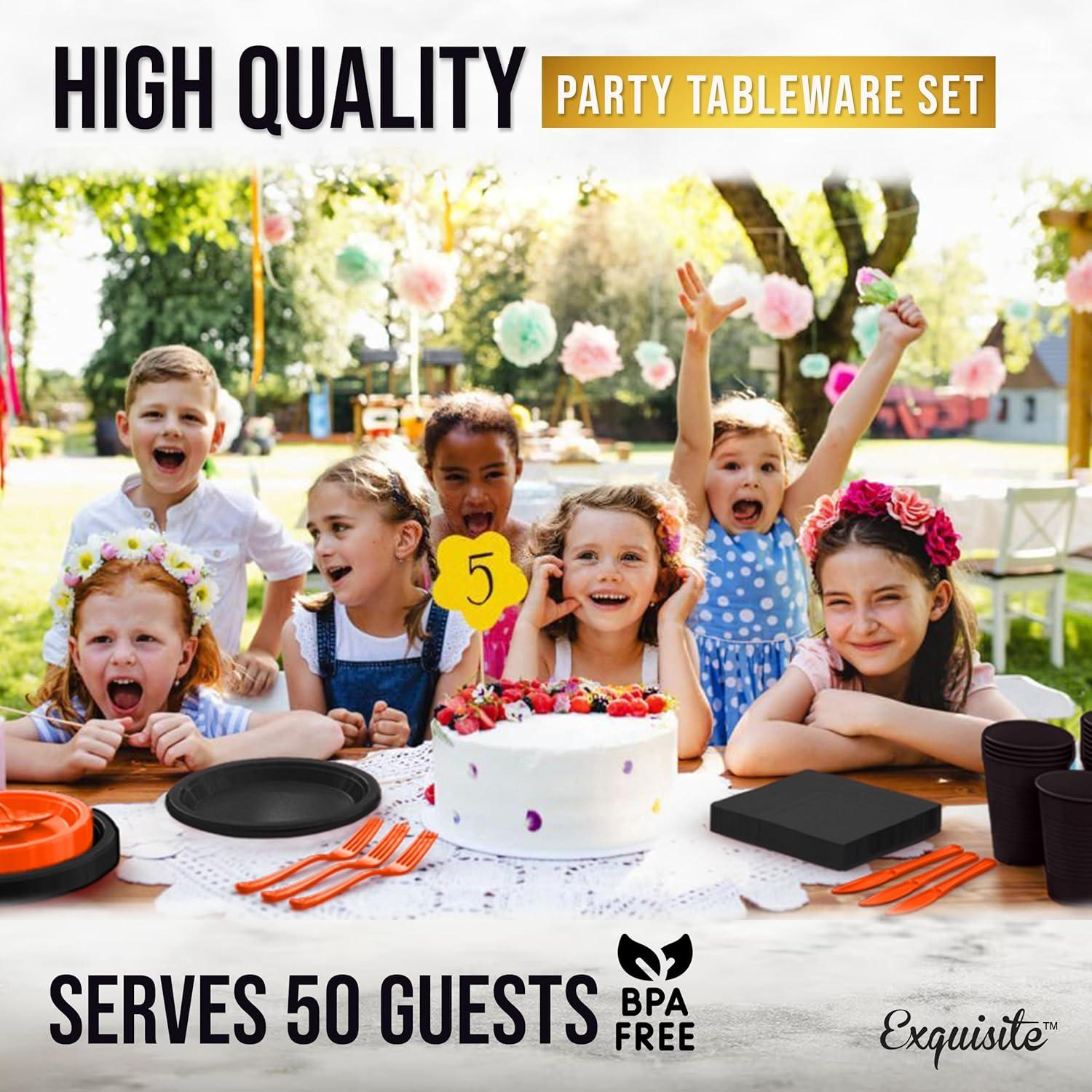 Crown Display 350 Piece Black and Orange Halloween Disposable Plastic Dinnerware party set- Serves 50