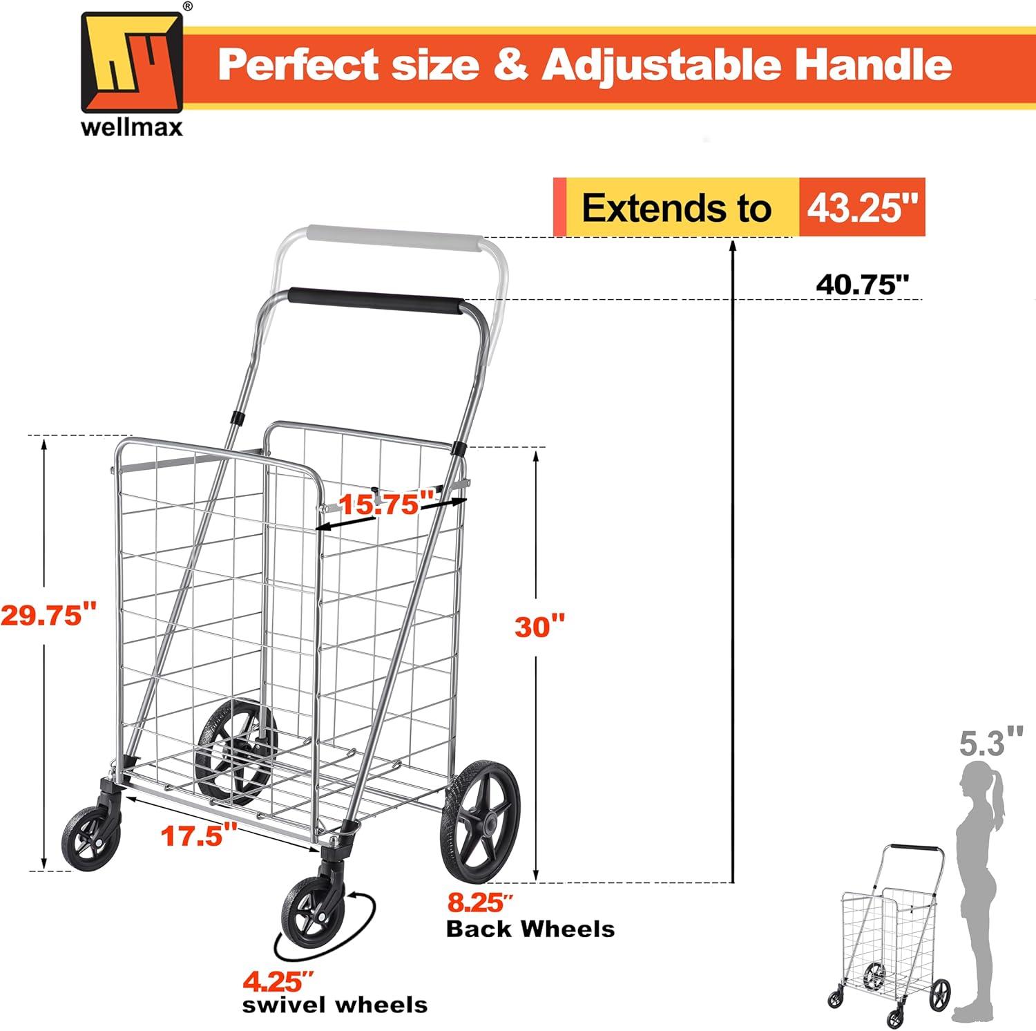 Wellmax Grocery Shopping Cart with Swivel Wheels, Foldable and Collapsible Utility Cart with Adjustable Height Handle, Heavy Duty Light Weight Trolley