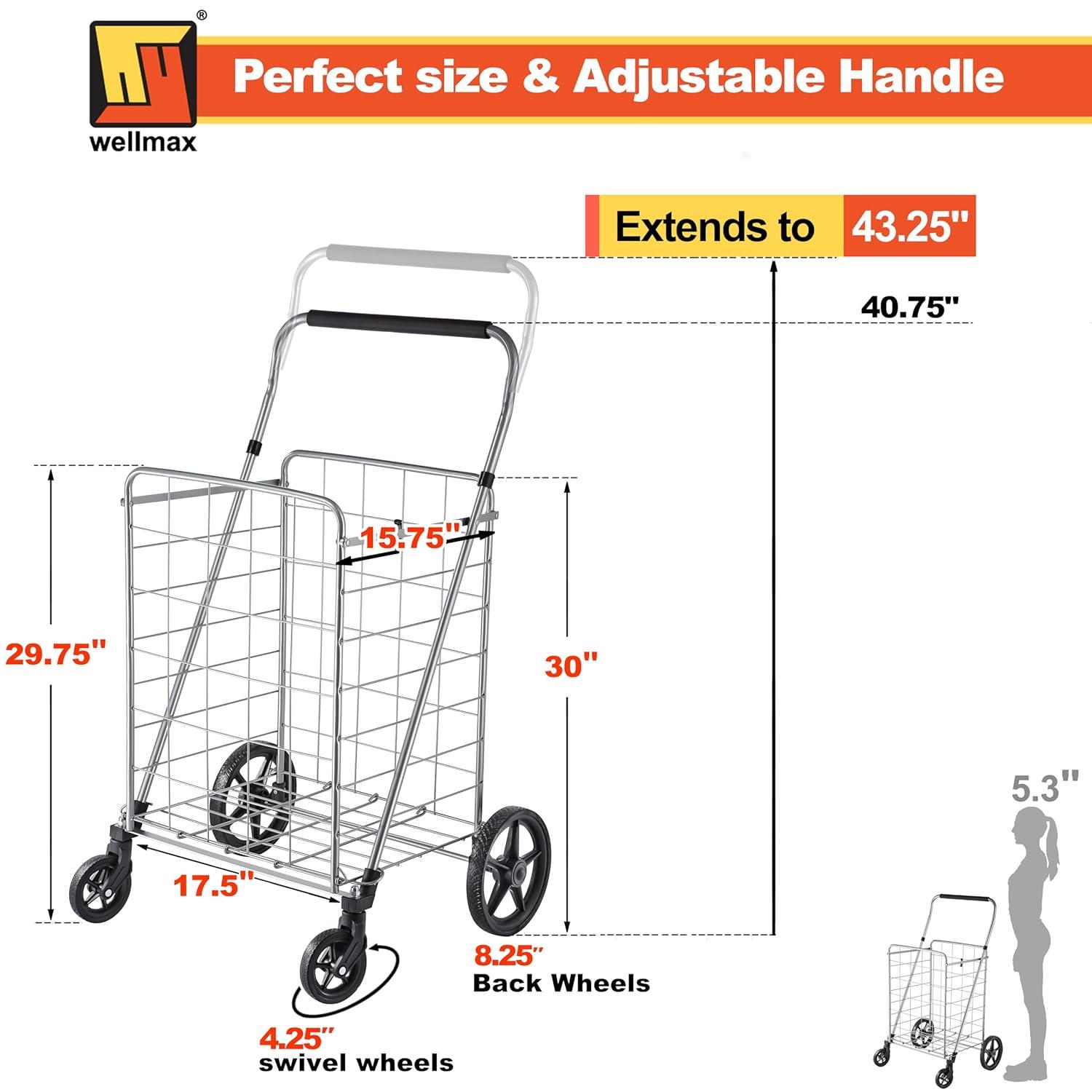 Wellmax Grocery Shopping Cart with Swivel Wheels, Foldable and Collapsible Utility Cart with Adjustable Height Handle, Heavy Duty Light Weight Trolley